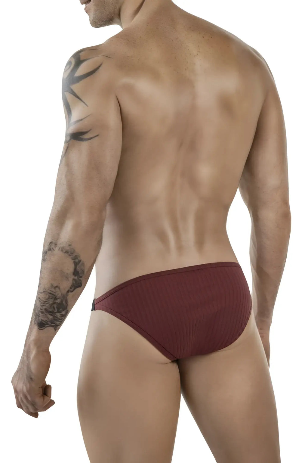 Maroon ribbed briefs from clever 1846 mantra bikini color grape showing front side with textured fabric