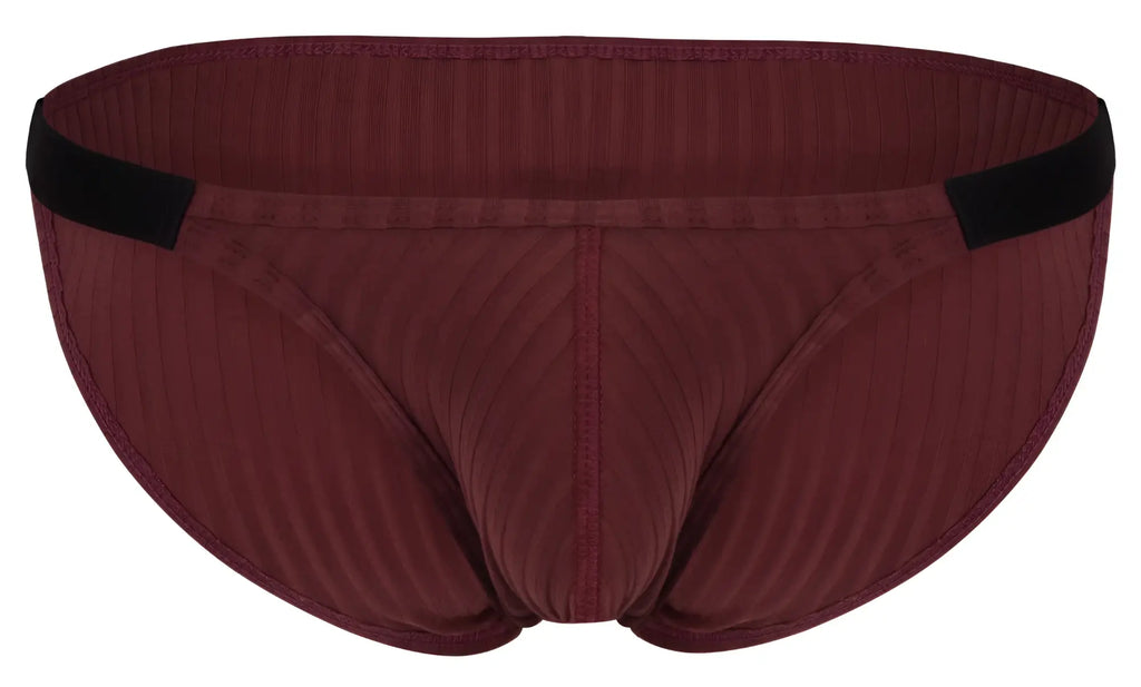 Maroon ribbed clever 1846 mantra bikini briefs with black elastic waistband in color grape