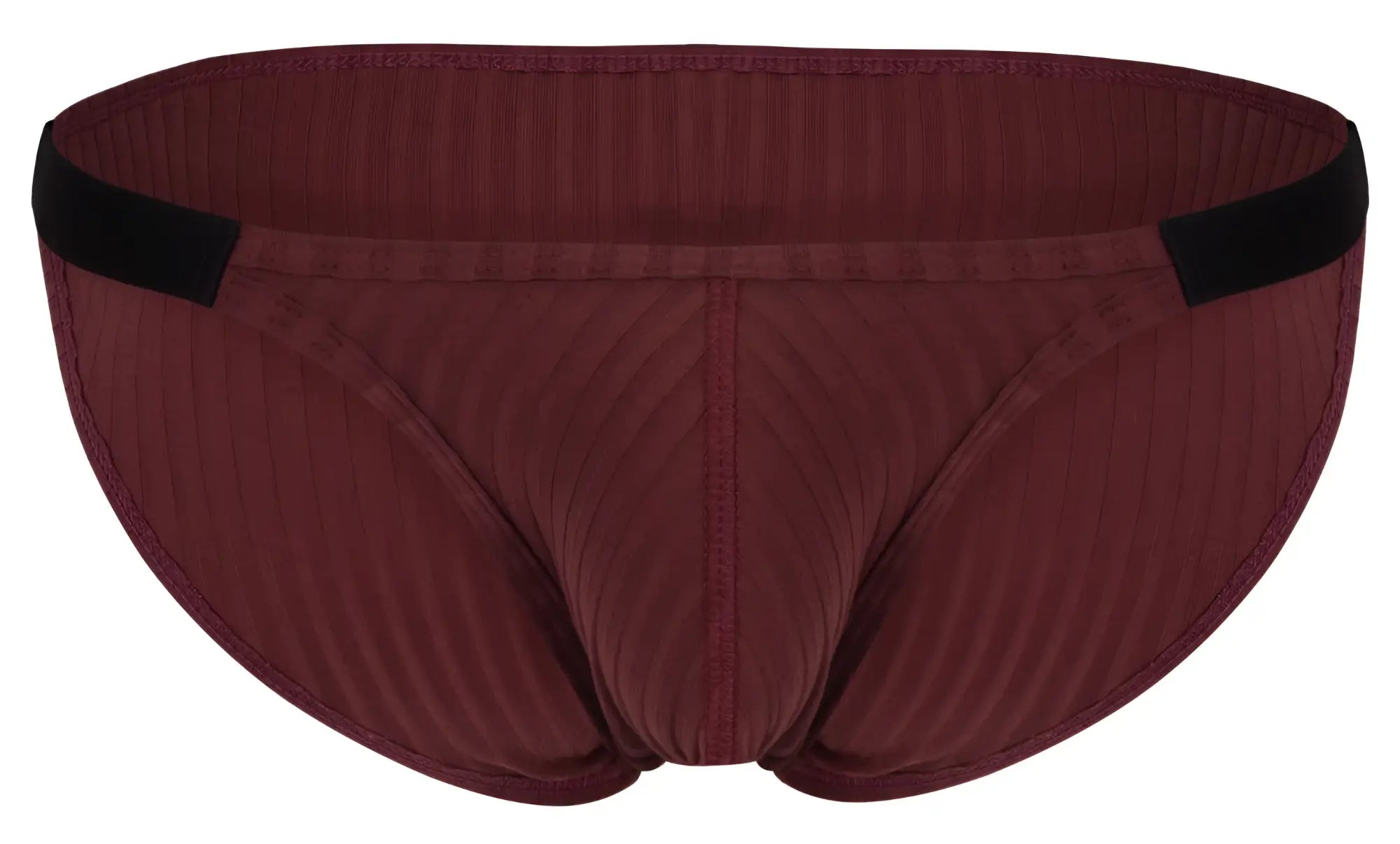 Maroon ribbed clever 1846 mantra bikini briefs with black elastic waistband in color grape