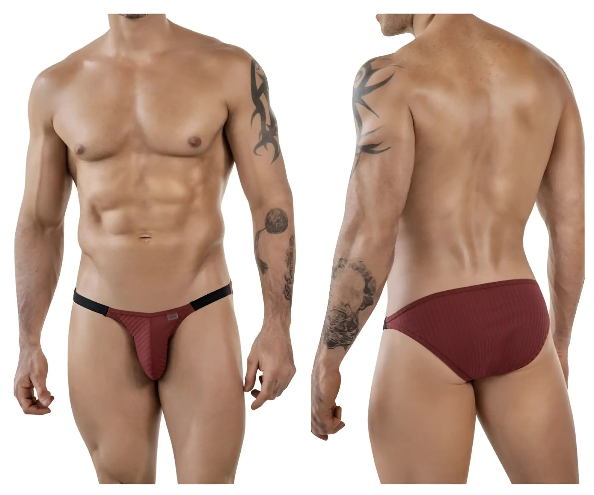 Maroon ribbed briefs with black elastic waistband from clever 1846 mantra bikini color grape collection