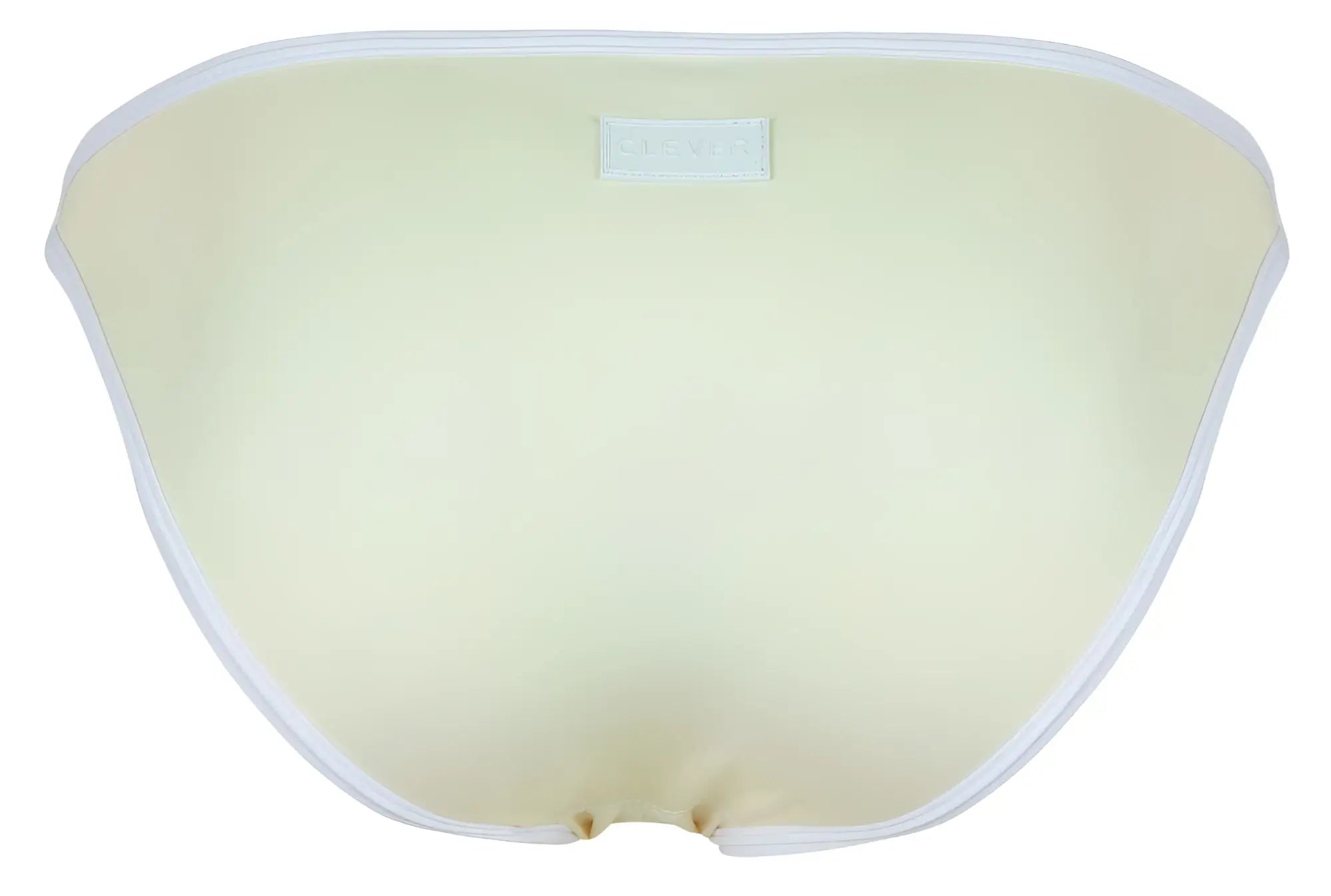 Cream-colored cleverly 1848 relax bikini bottom with soft padding white trim and subtle waistband brand label