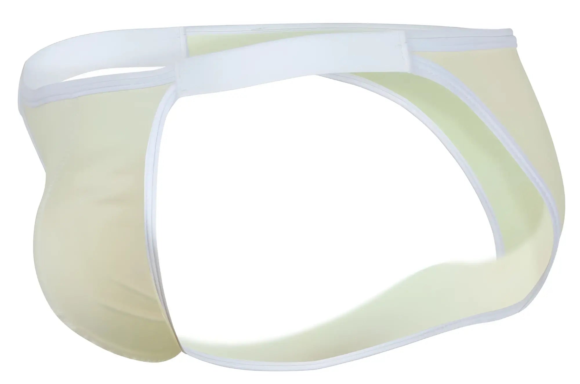 Beige clever 1848 relax bikini briefs in pale yellow mesh with white trim showing front side details