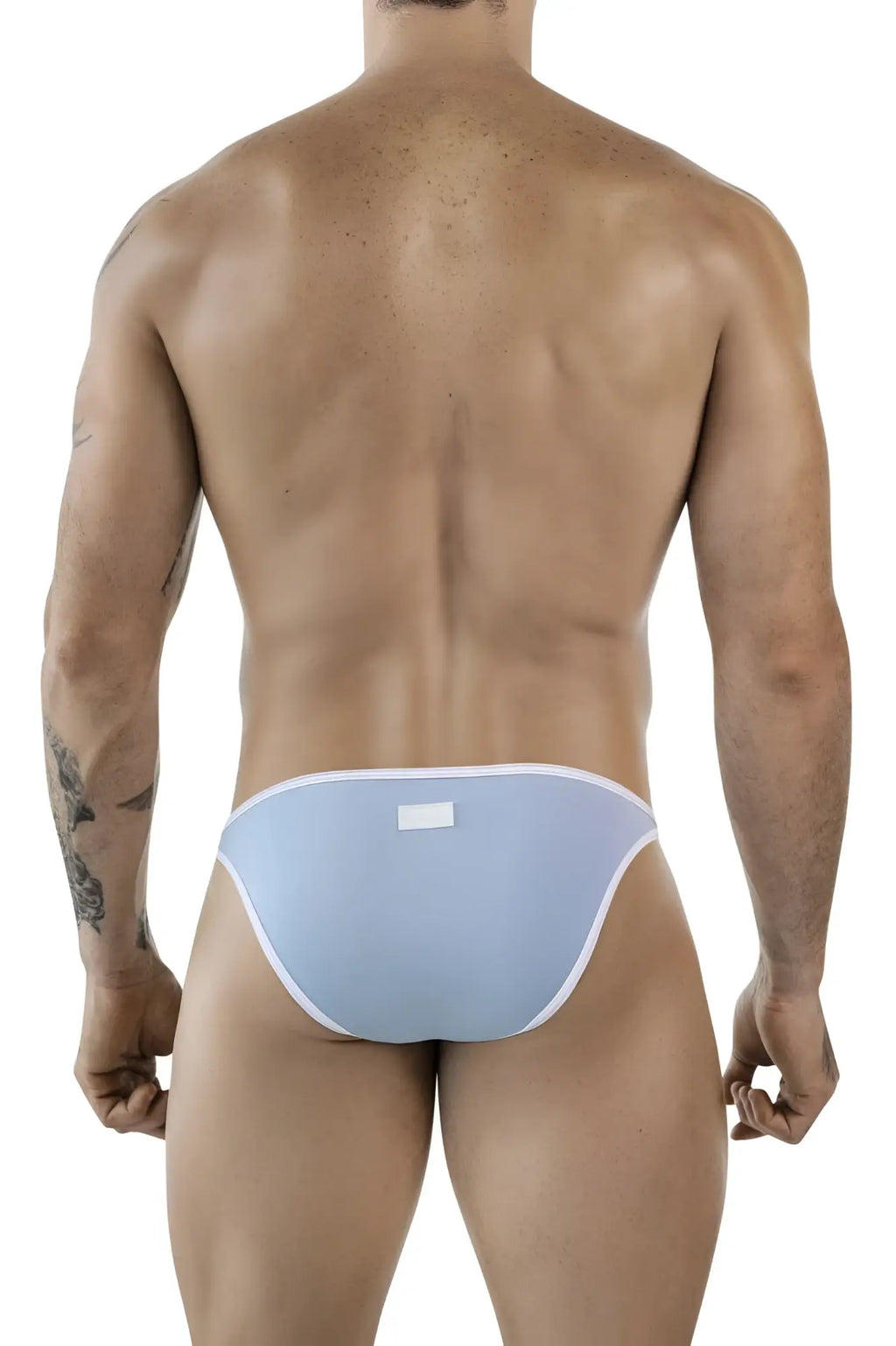 Light blue clever 1848 relax bikini briefs with white trim and back label in form-fitting soft fabric