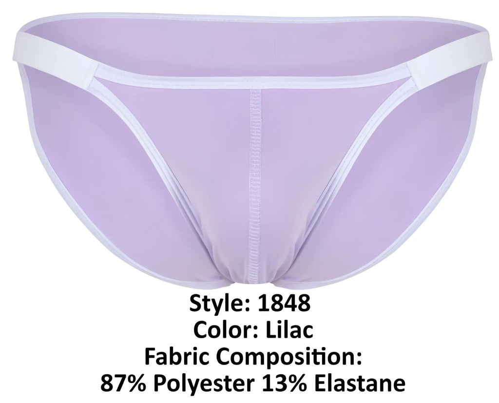 Lilac clever 1848 relax bikini sheer mesh briefs with white trim and central seam front view