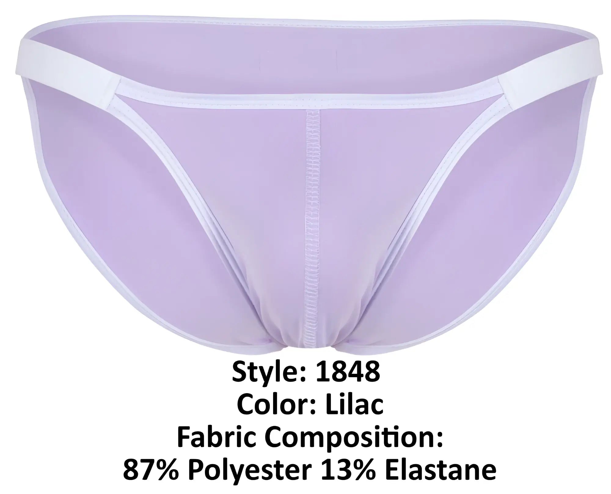 Lilac clever 1848 relax bikini sheer mesh briefs with white trim and central seam front view