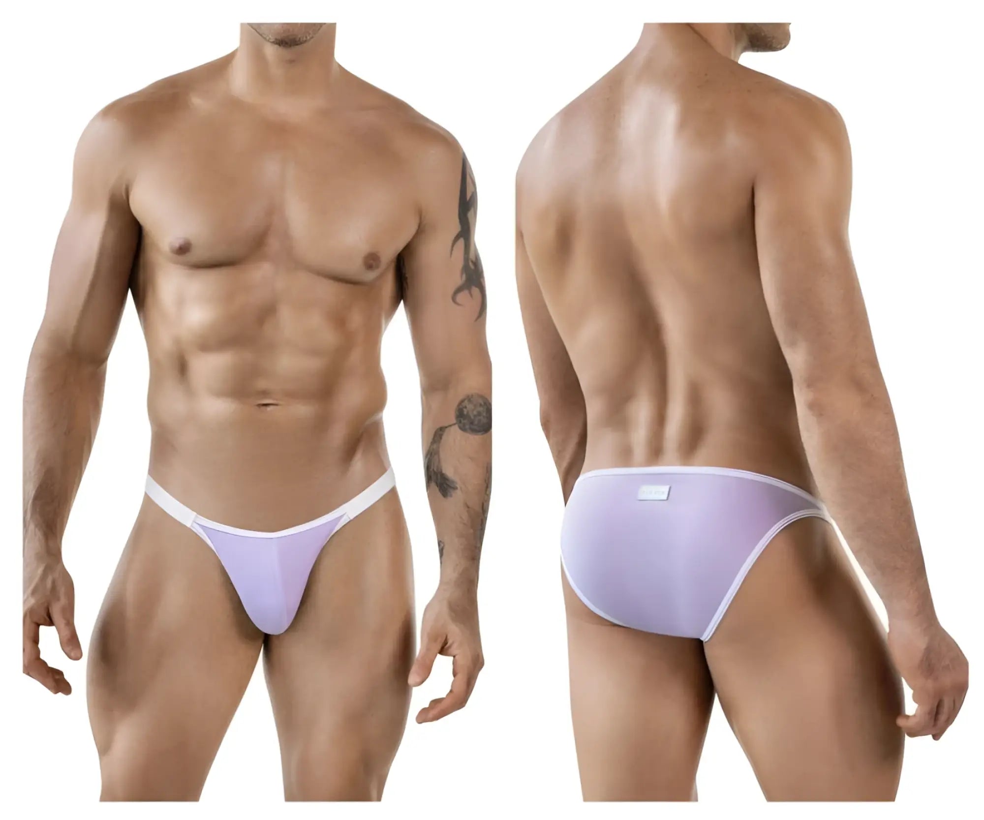 Lavender-colored clever 1848 relax bikini briefs with white trim and brand tag on the back in lilac shade