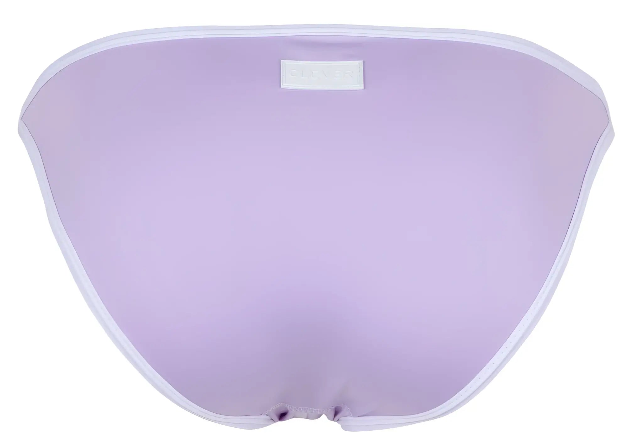 Lavender mesh bikini bottom with white trim and small rectangular label at waistband from clever 1848 relax lilac collection