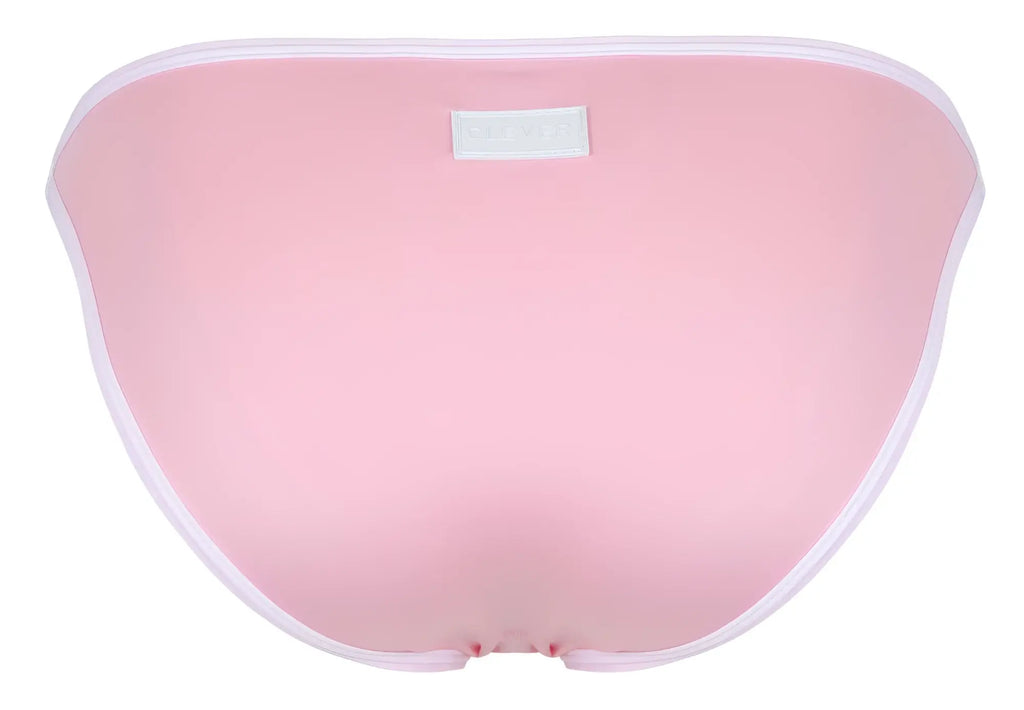 Back view of clever 1848 relax bikini bottom in pink with white trim and small rectangular label on the back