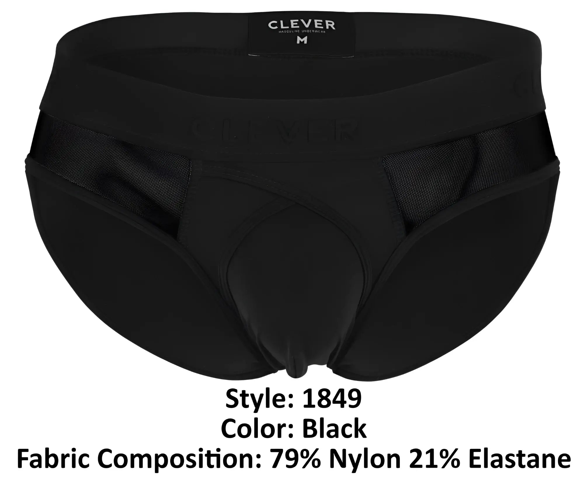 Black clever 1849 eros bikini briefs with mesh side panels and branded label made of 79 nylon 21 elastane