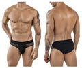 Black clever 1849 eros bikini briefs with sheer mesh side panel and solid fabric back shown from the rear view