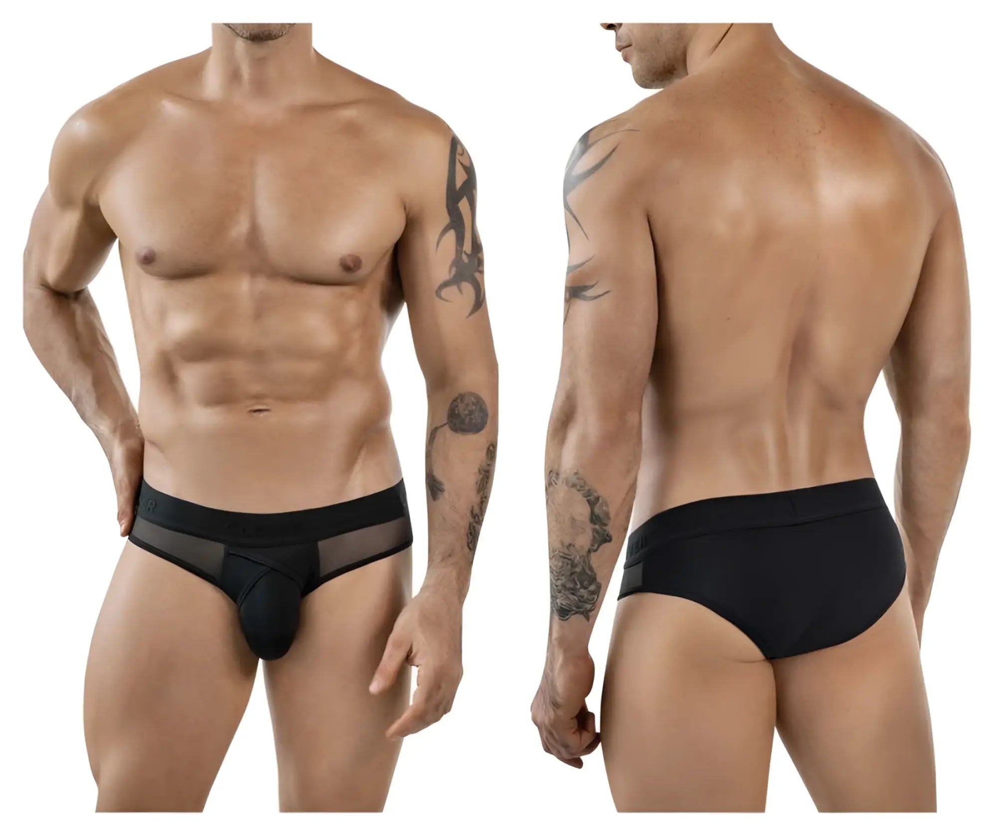 Black clever 1849 eros bikini briefs with sheer mesh side panel and solid fabric back shown from the rear view