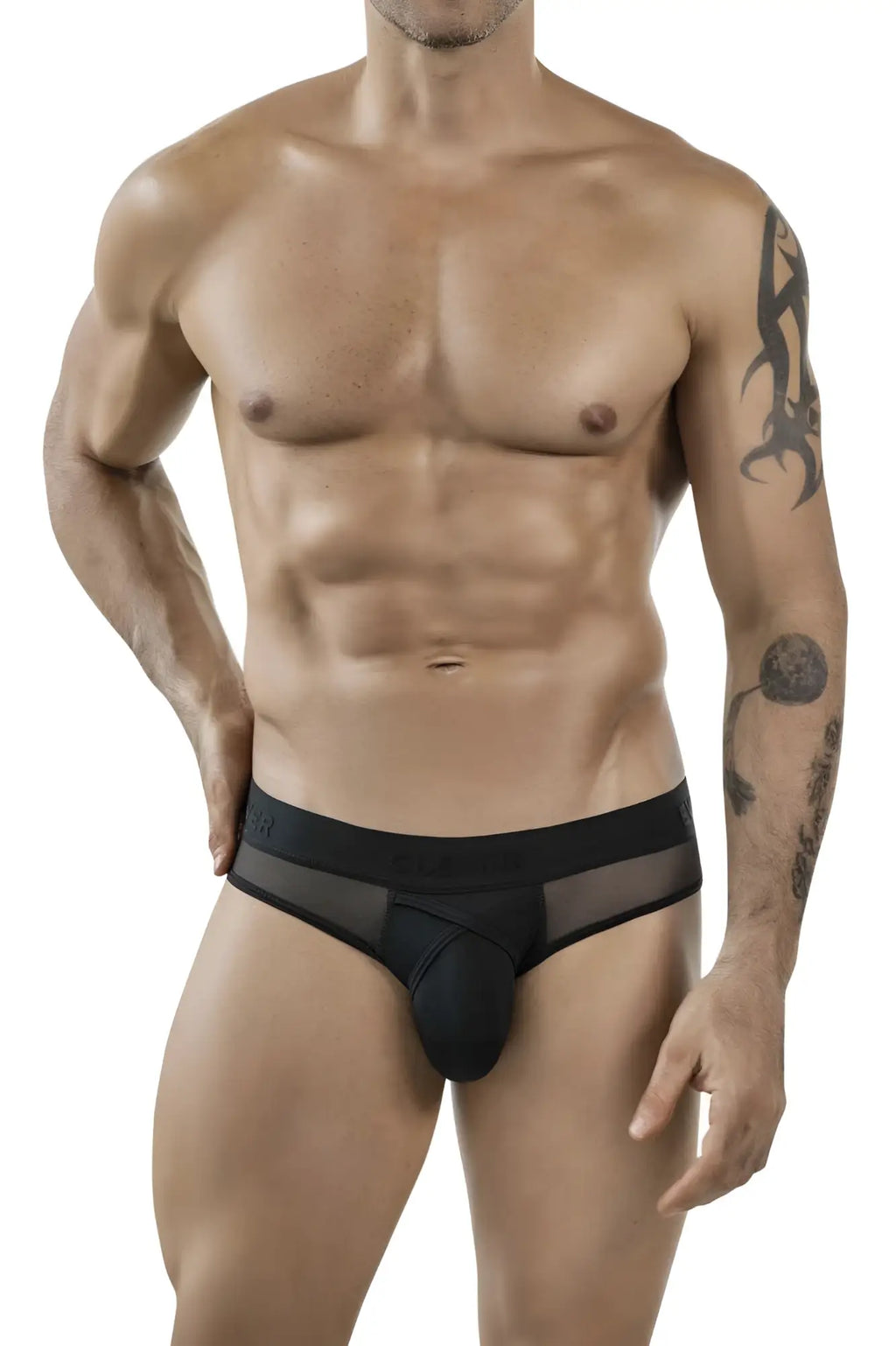 Clever 1849 eros bikini briefs in black with black mesh and solid fabric featuring a contoured design