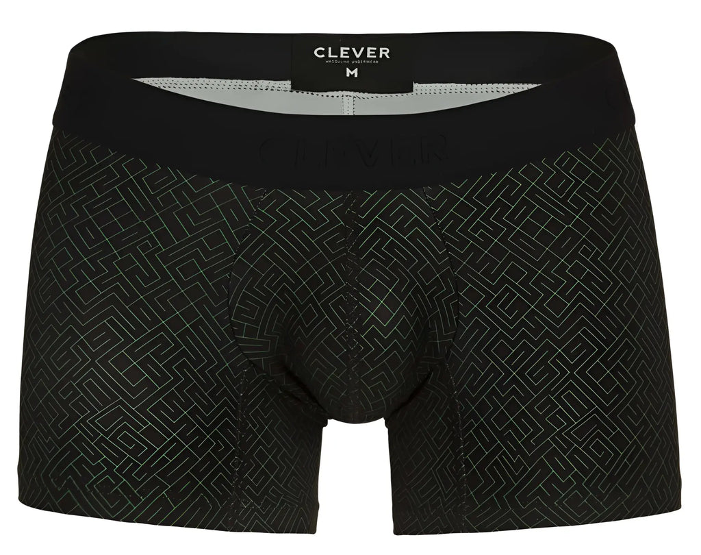 Black clever 1850 laberin trunks boxer briefs with subtle light gray geometric pattern and branded waistband