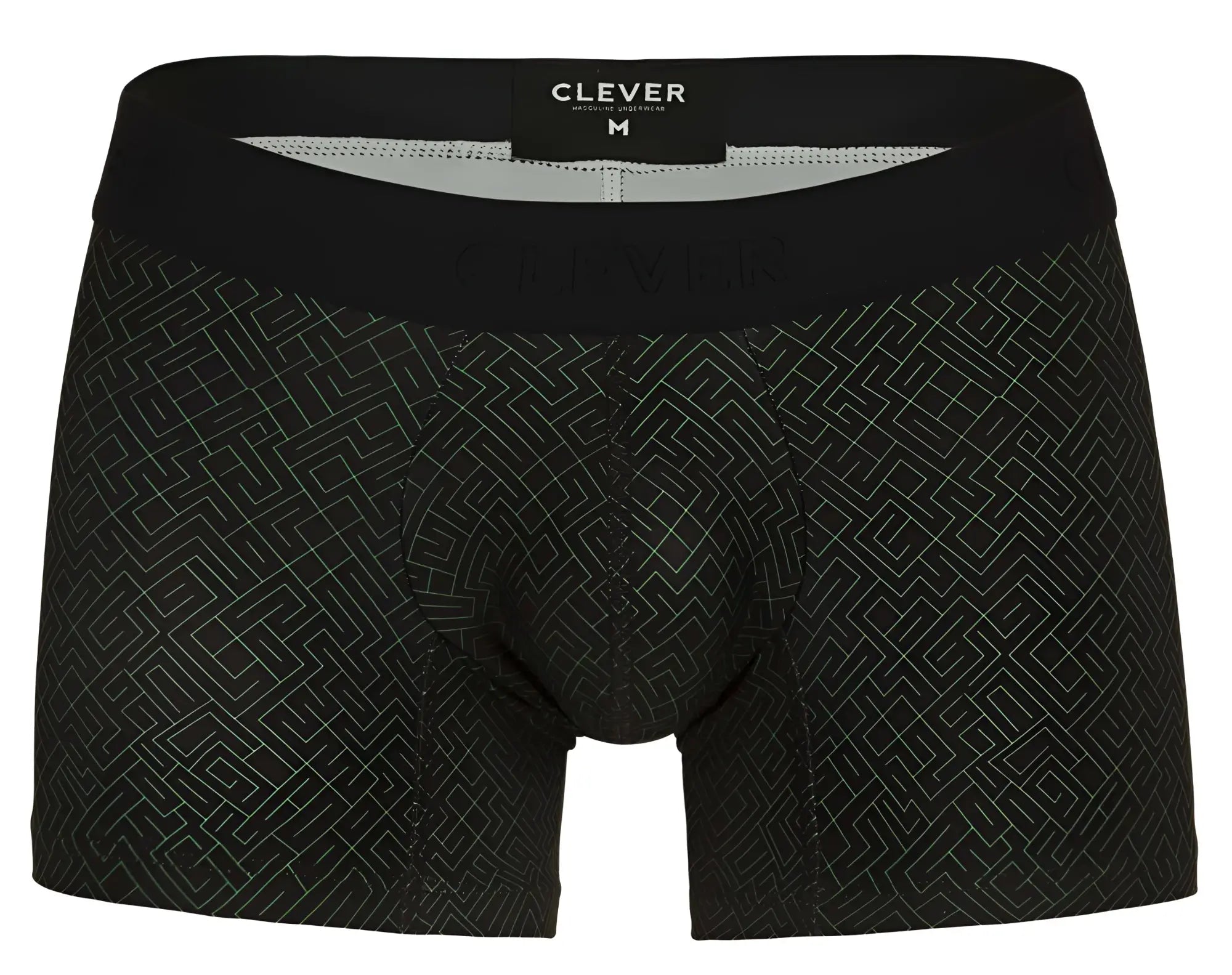 Black clever 1850 laberin trunks boxer briefs with subtle light gray geometric pattern and branded waistband