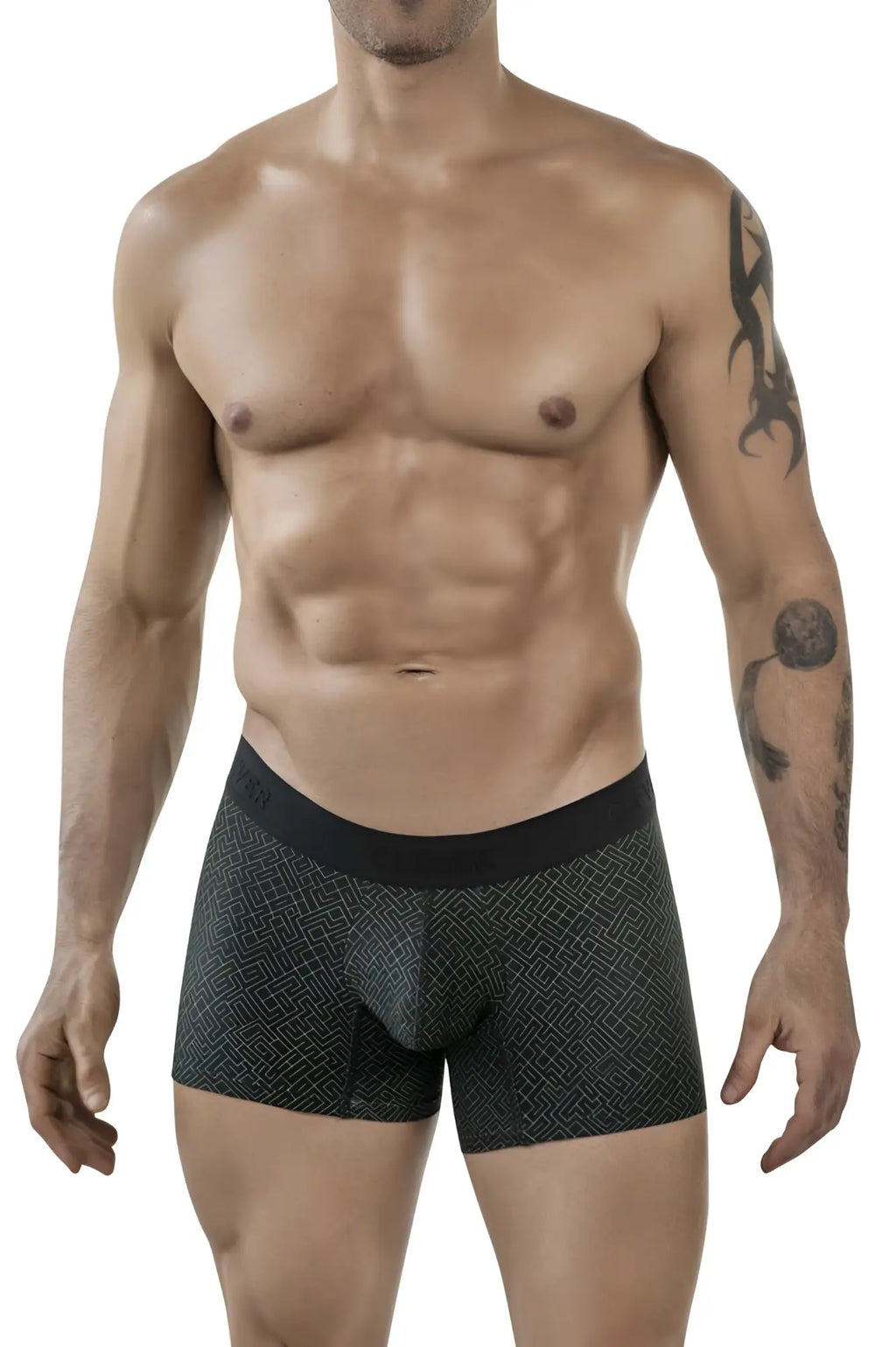 Black clever 1850 laberin trunks boxer briefs with subtle geometric pattern and solid black waistband