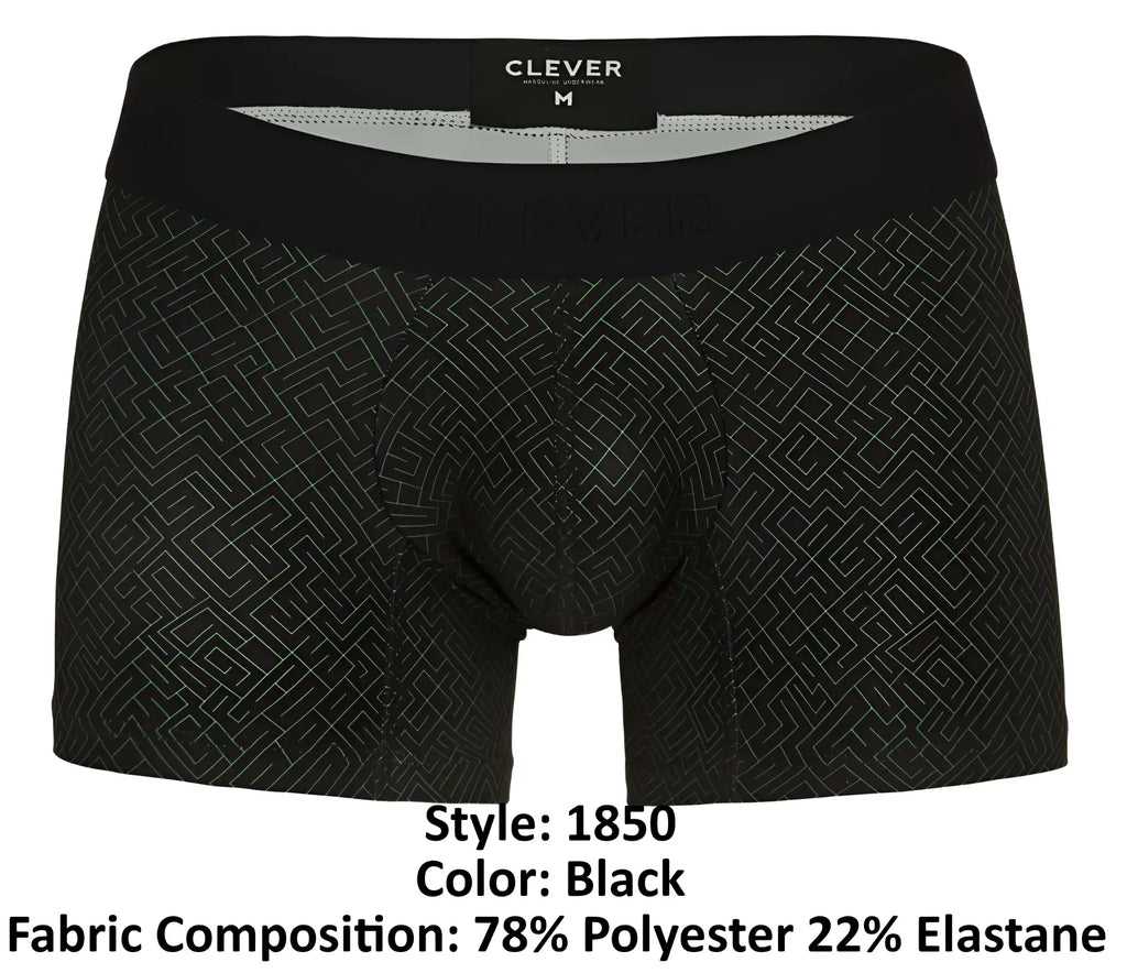 Black boxer briefs clever 1850 laberin trunks with subtle geometric pattern and black elastic waistband in black color