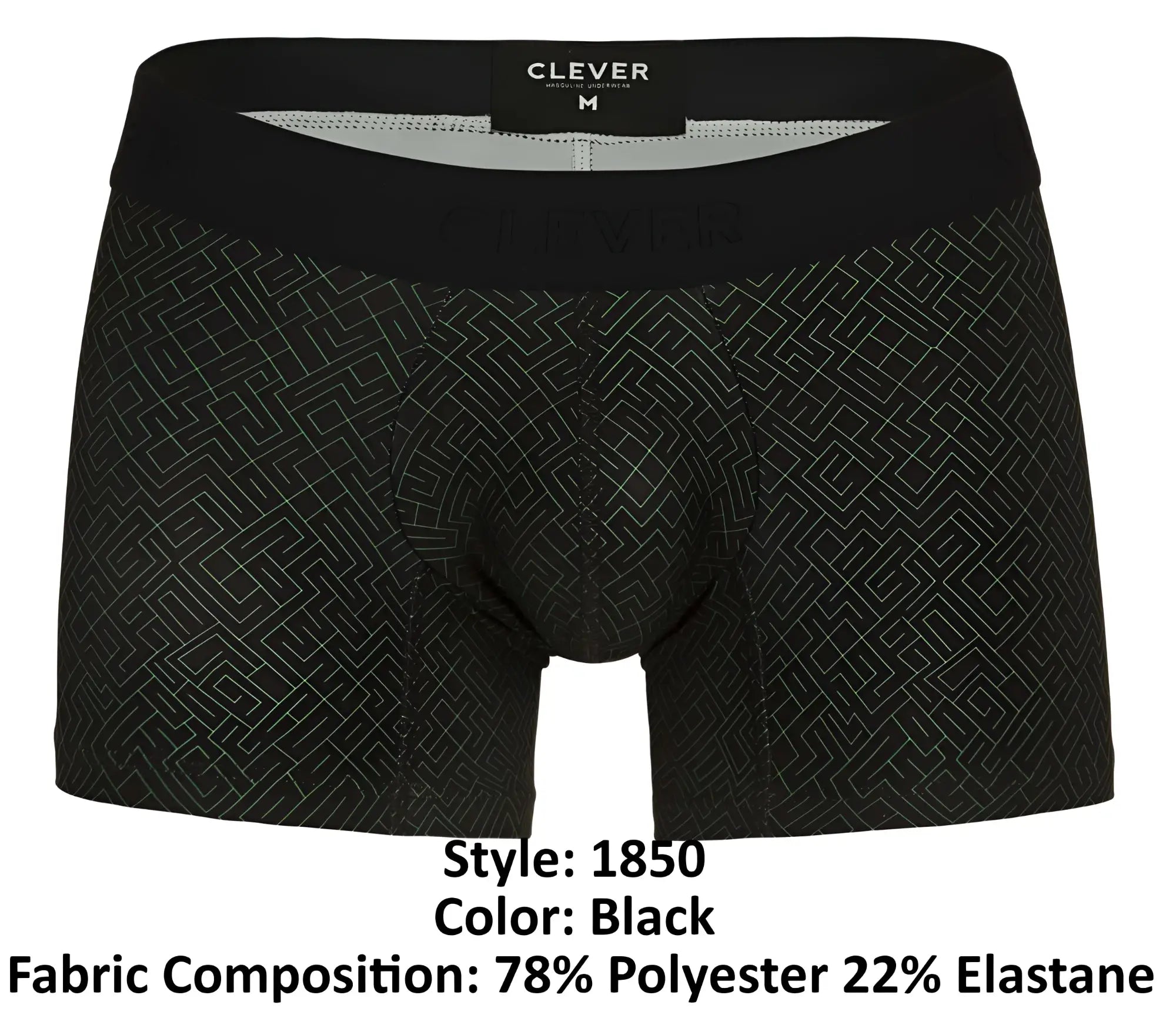 Black boxer briefs clever 1850 laberin trunks with subtle geometric pattern and black elastic waistband in black color