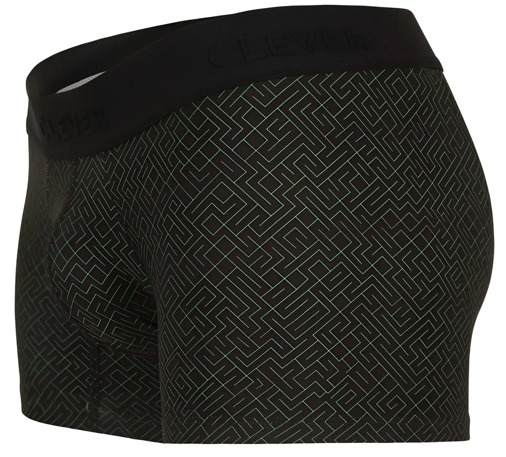 Black clever 1850 laberin trunks boxer briefs with subtle gray maze pattern and embroidered waistband