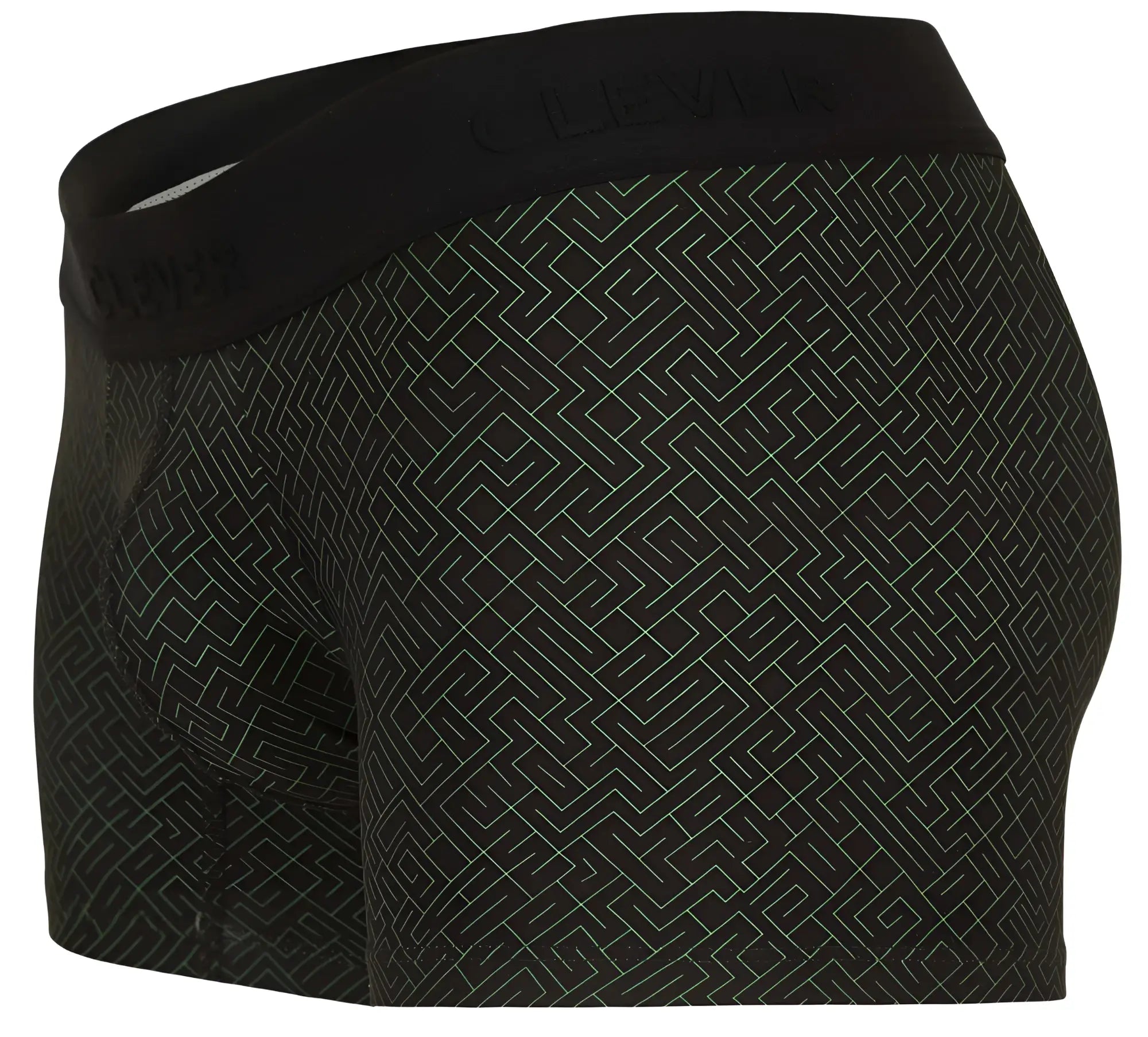 Black clever 1850 laberin trunks boxer briefs with subtle gray maze pattern and embroidered waistband