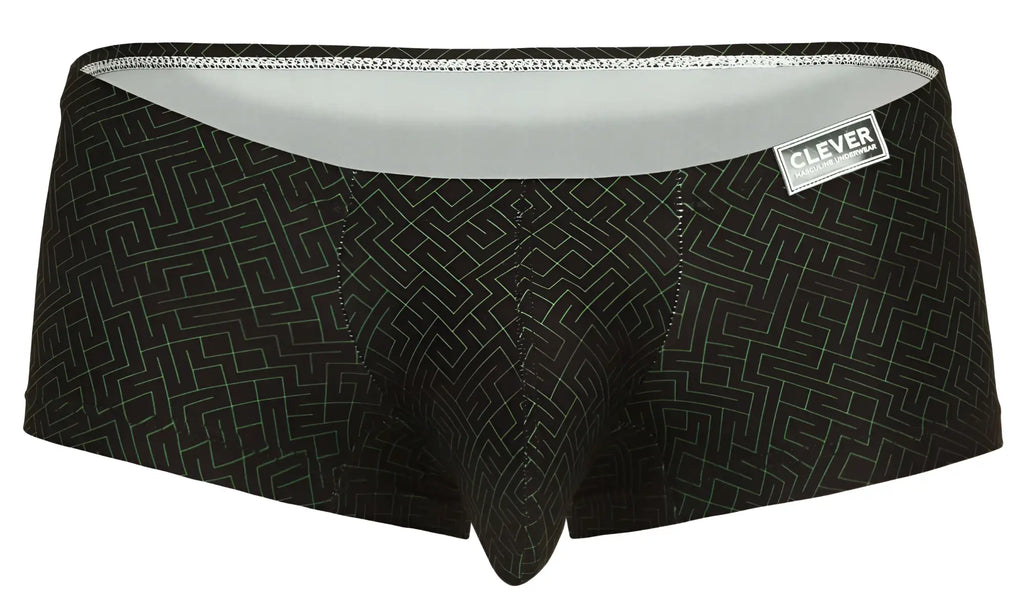 Black men’s briefs clever 1852 laberin trunks with subtle white geometric maze pattern and light gray waistband