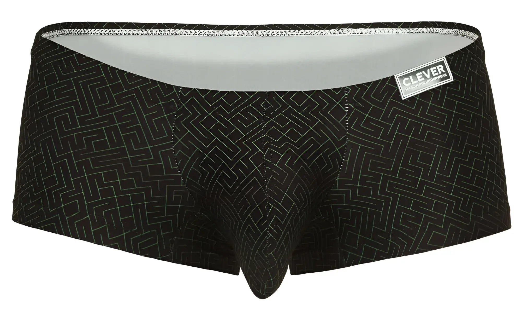 Black men’s briefs clever 1852 laberin trunks with subtle white geometric maze pattern and light gray waistband