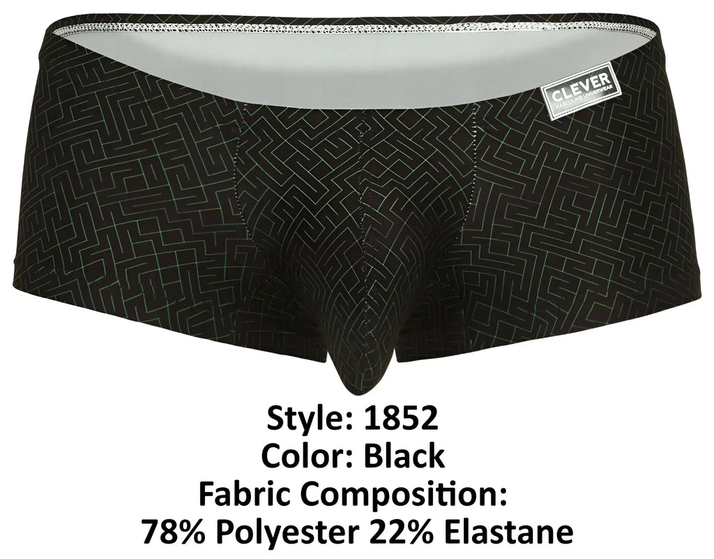 Black clever 1852 laberin trunks with white maze pattern and branded waistband designed for everyday wear