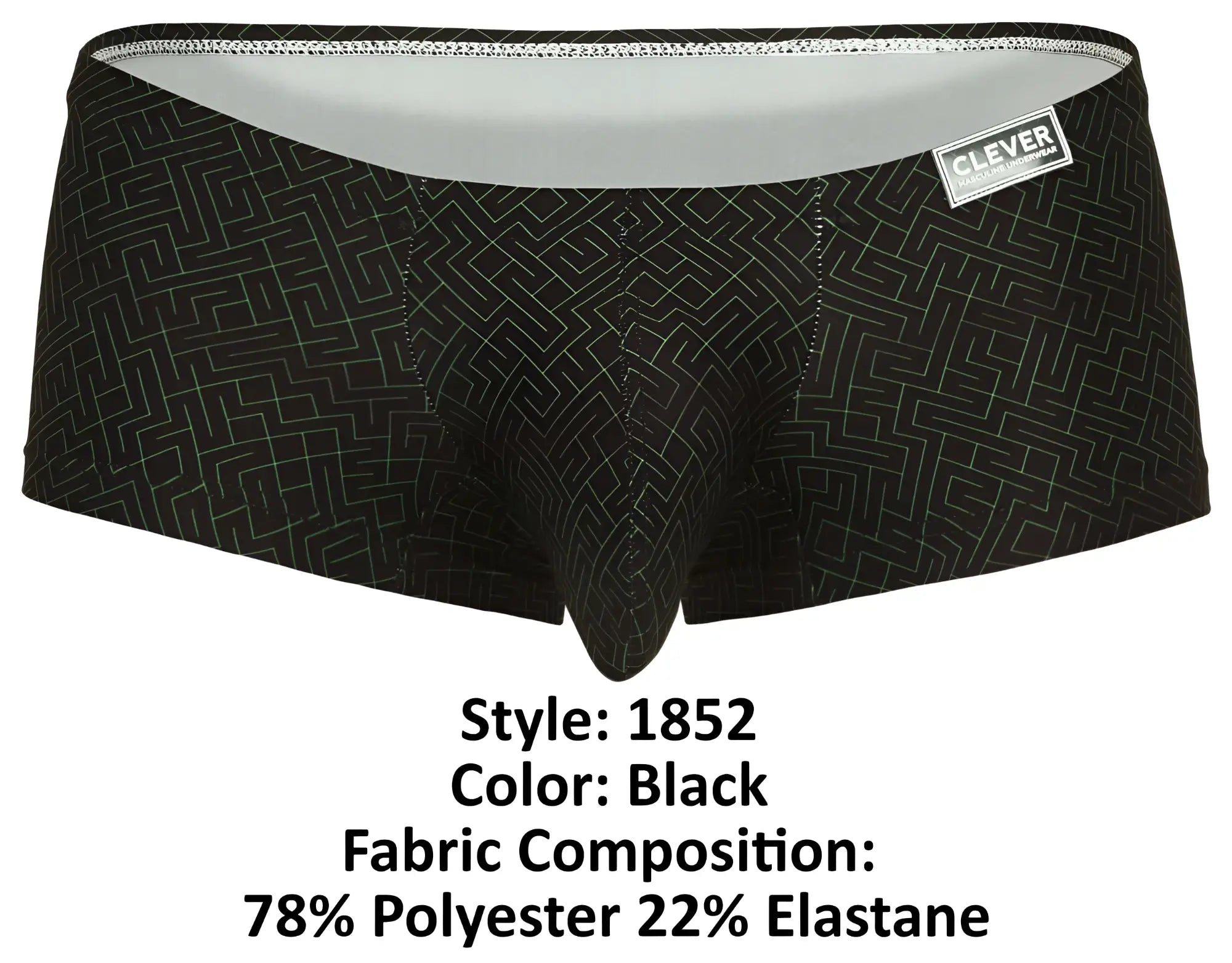Black clever 1852 laberin trunks with white maze pattern and branded waistband designed for everyday wear