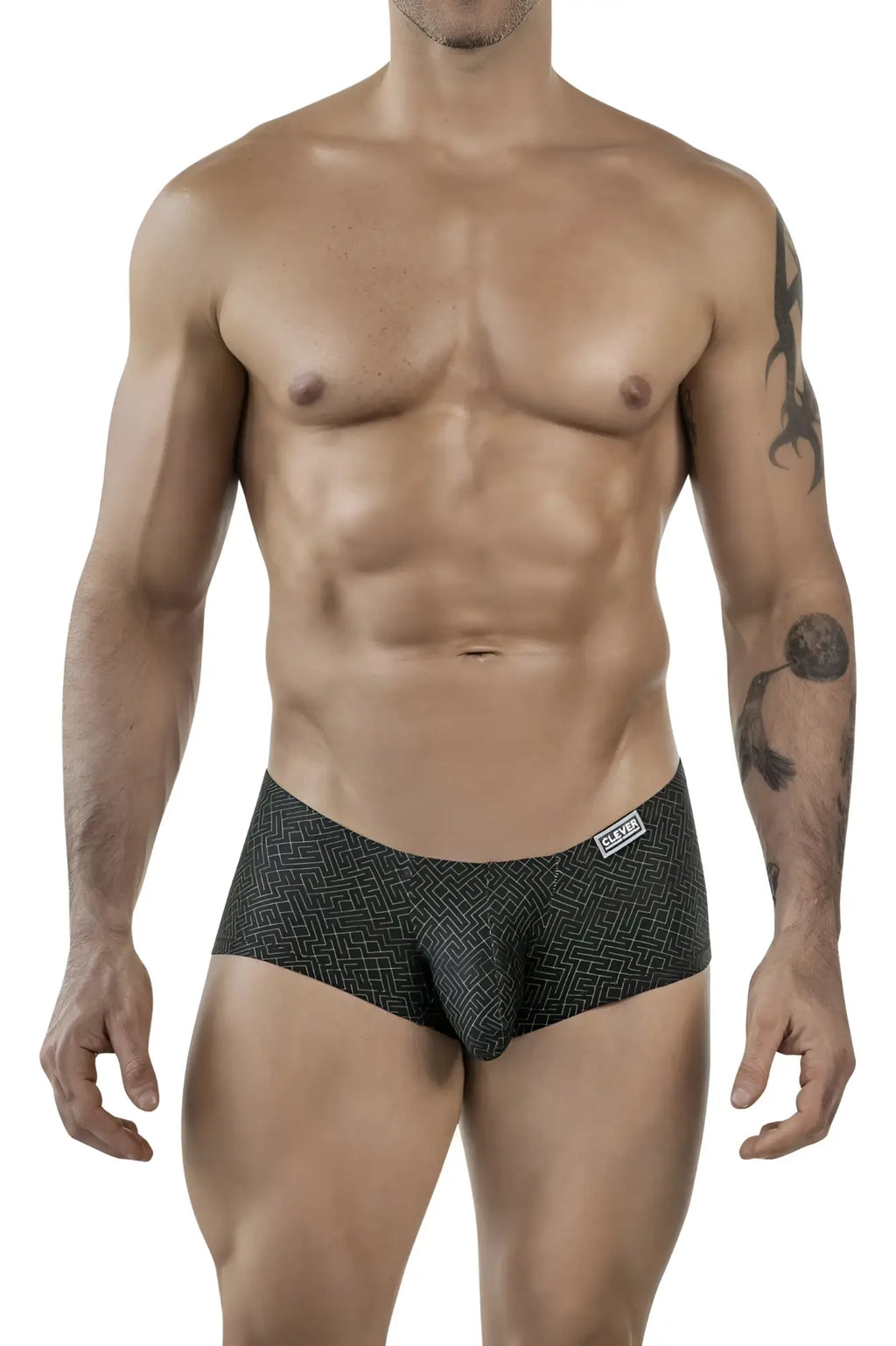 Black clever 1852 laberin trunks briefs with subtle geometric pattern and white brand tag on waistband