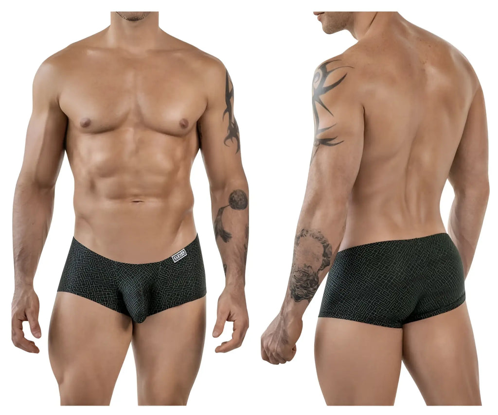 Clever 1852 Laberin trunks black briefs with subtle geometric pattern and small white logo on waistband front side