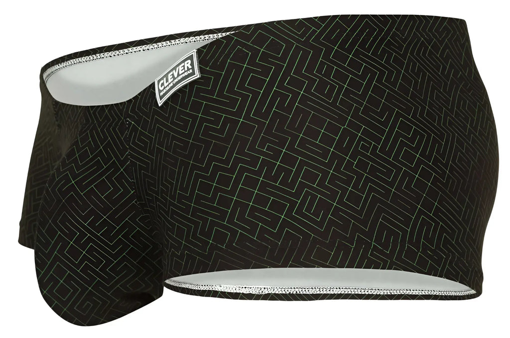 Black clever 1852 laberin swim trunks with subtle light gray maze pattern and white waistband and leg trim
