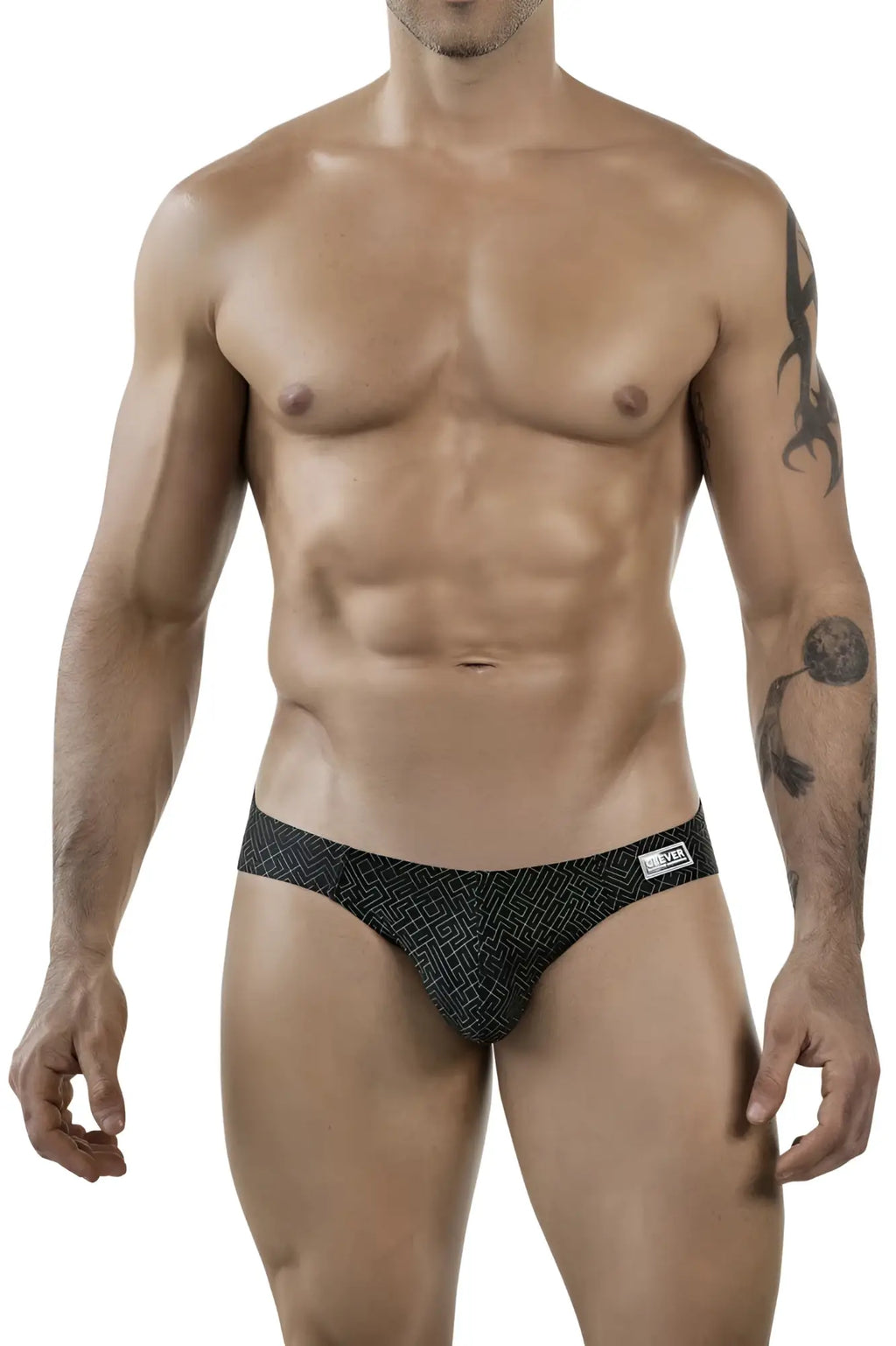 Black patterned briefs with geometric design and white clever 1853 brand tag on waistband in color black