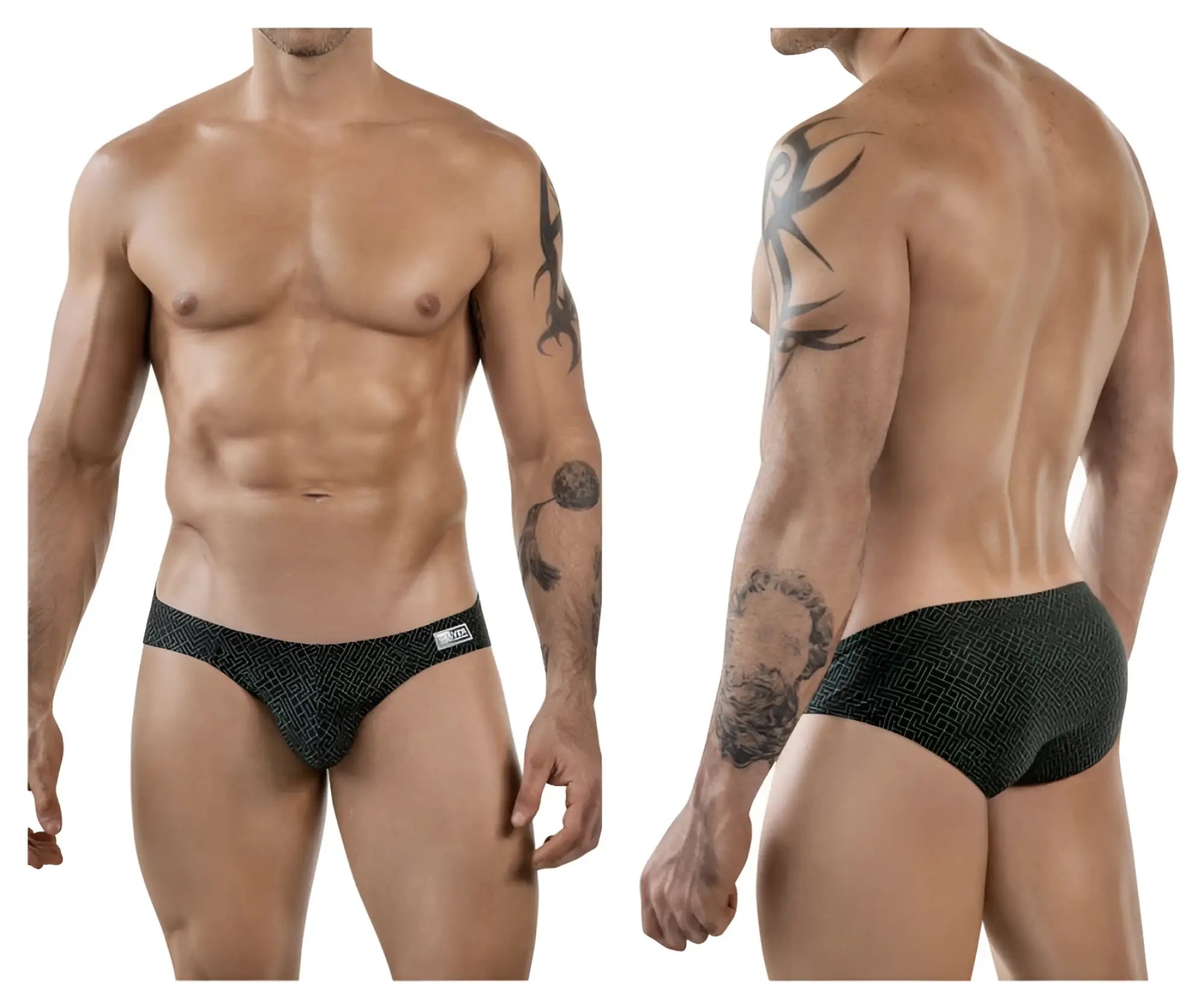 Clever 1853 laberin bikini briefs in black with subtle geometric pattern and white brand tag on waistband