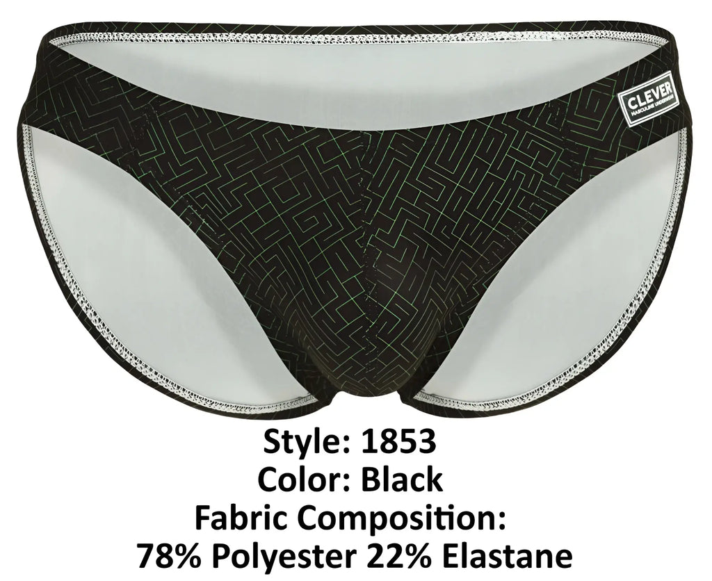 Black clever 1853 laberin bikini briefs with subtle geometric pattern and white inner lining featuring clever label