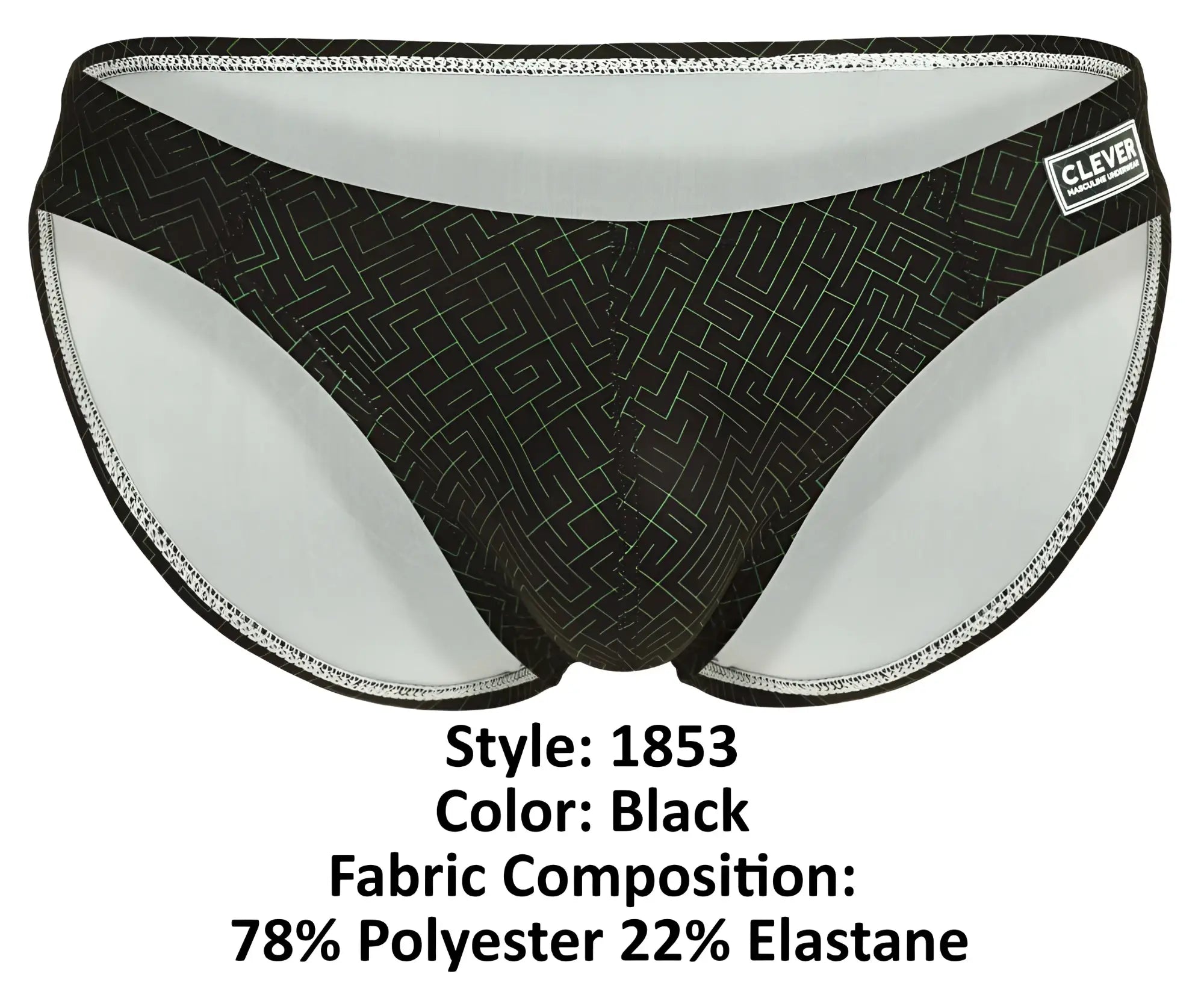 Black clever 1853 laberin bikini briefs with subtle geometric pattern and white inner lining featuring clever label