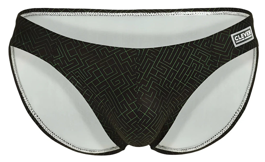 Black swim trunks Clever 1853 Laberin bikini with subtle geometric maze pattern and white interior lining