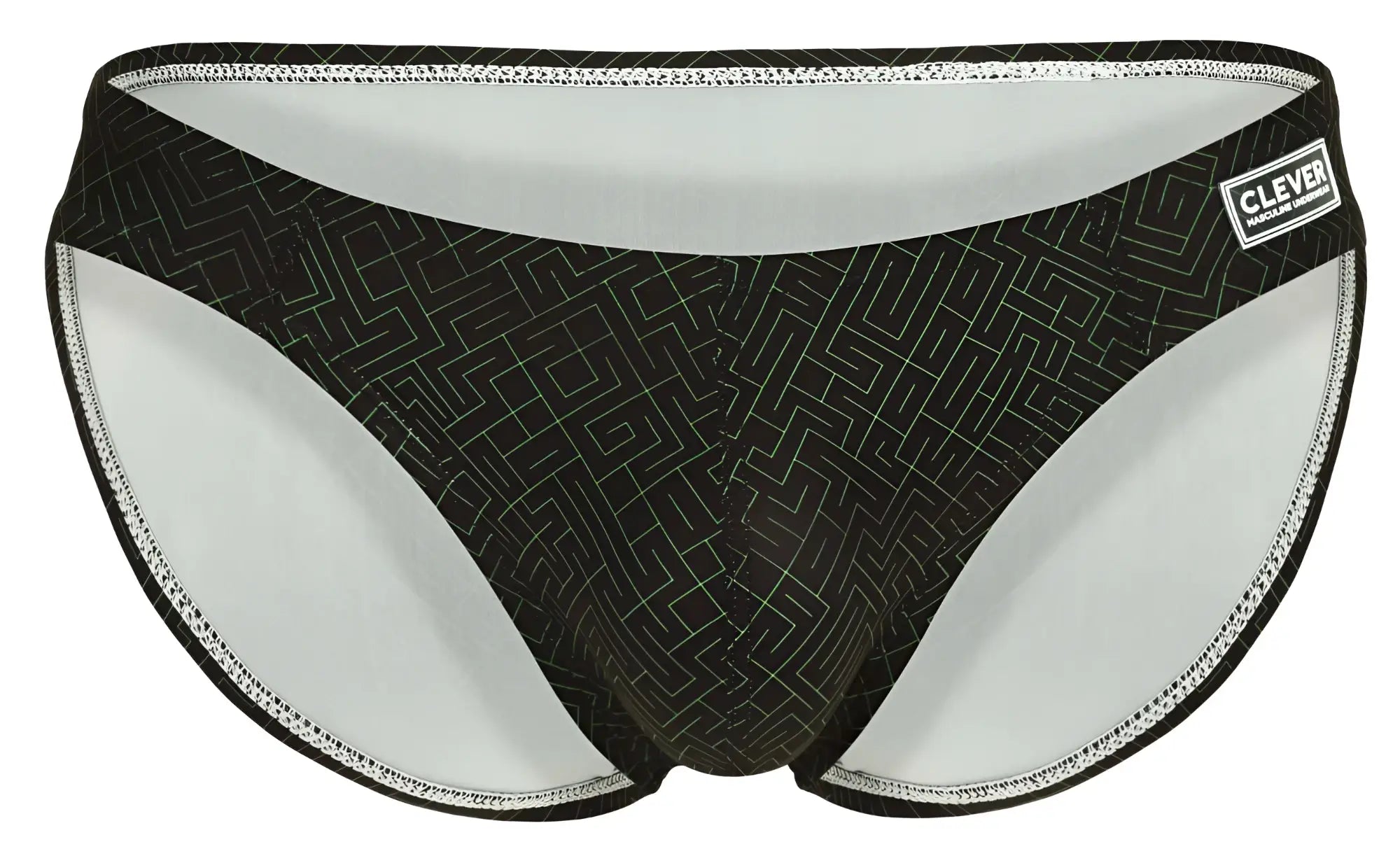 Black swim trunks Clever 1853 Laberin bikini with subtle geometric maze pattern and white interior lining