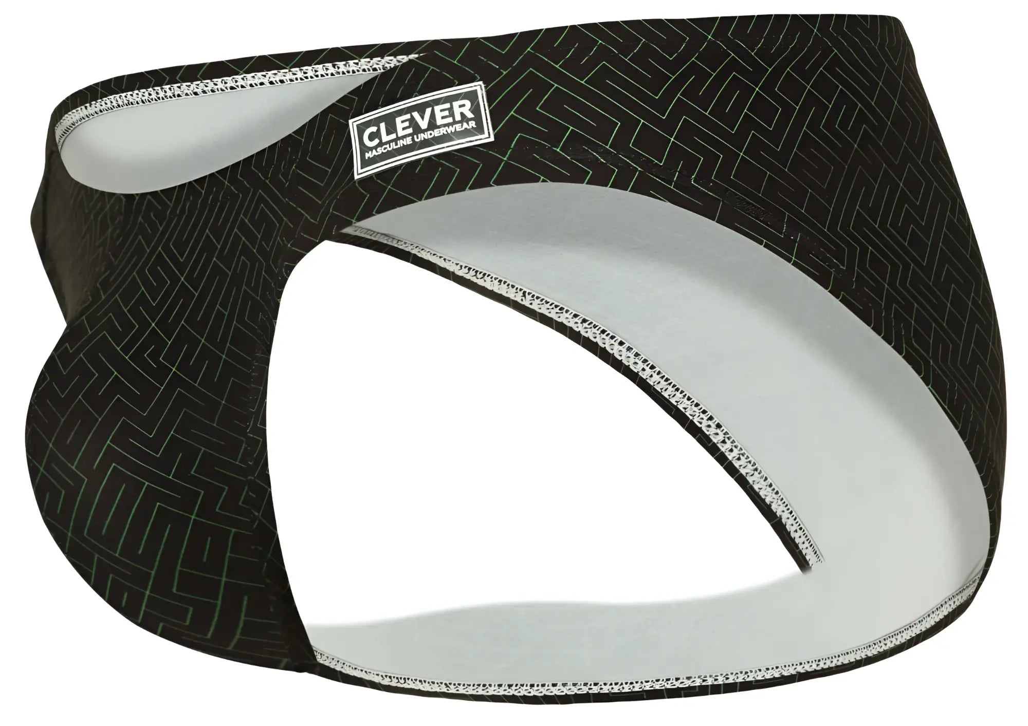 Black and white maze-patterned men’s bikini underwear with clever brand label in color black from clever 1853