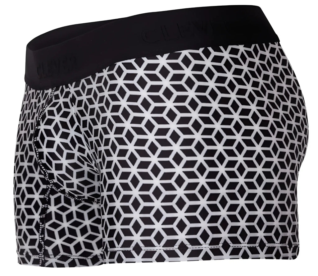 Clever 1854 cuadricula trunks in white with black and white geometric pattern and black elastic waistband boxer briefs