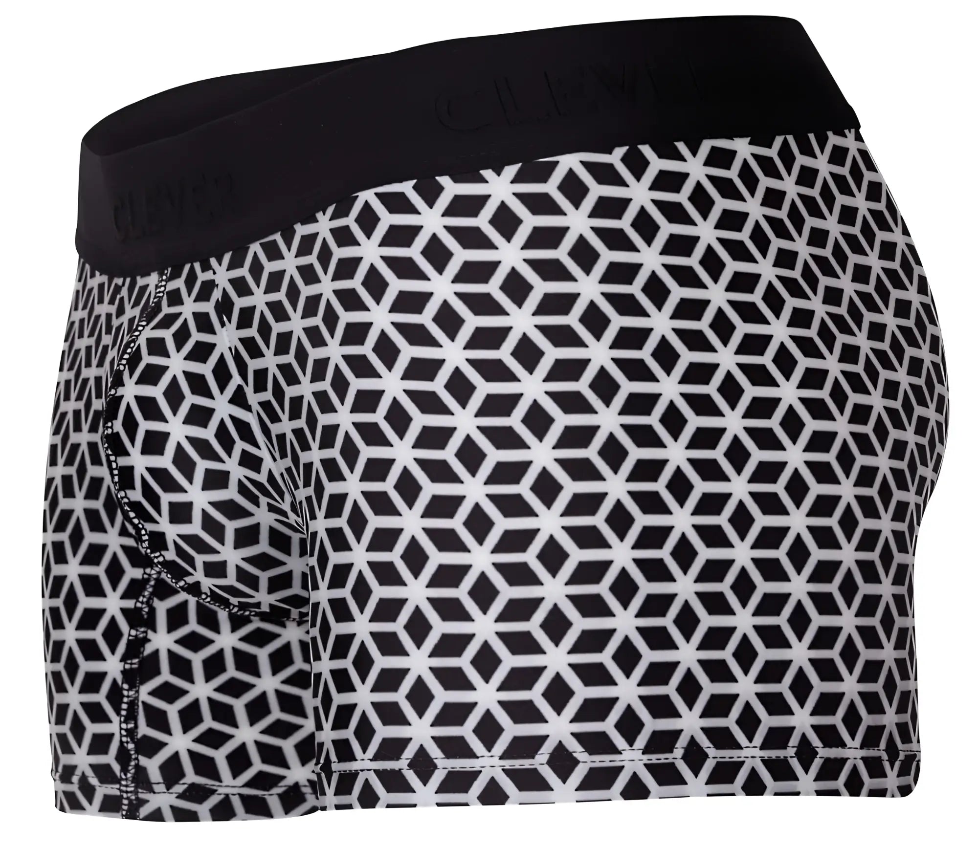 Clever 1854 cuadricula trunks in white with black and white geometric pattern and black elastic waistband boxer briefs