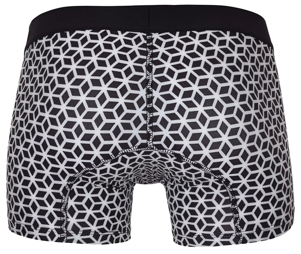 Black and white geometric patterned Clever 1854 Cuadricula trunks with solid black waistband in white color