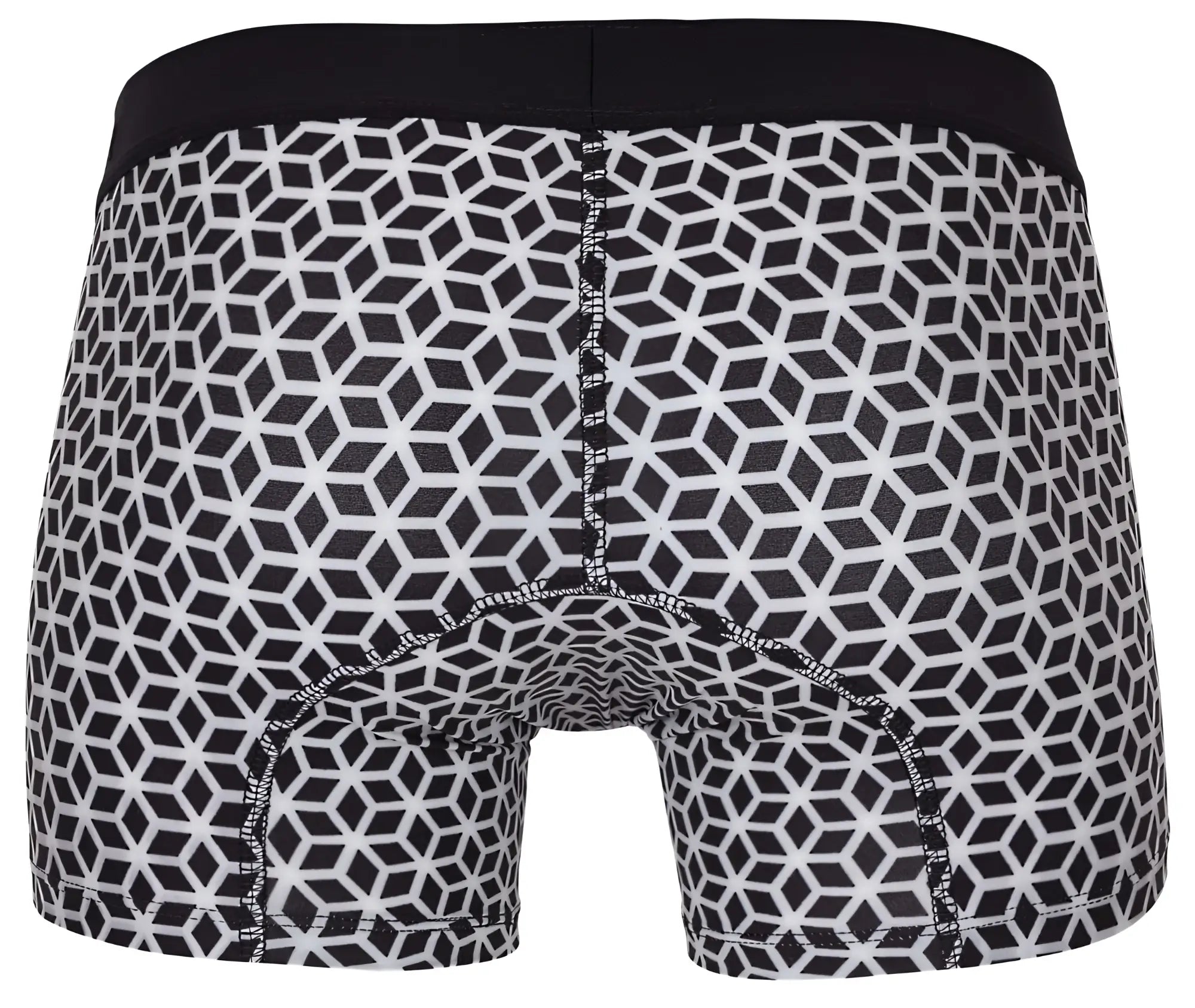 Black and white geometric patterned Clever 1854 Cuadricula trunks with solid black waistband in white color