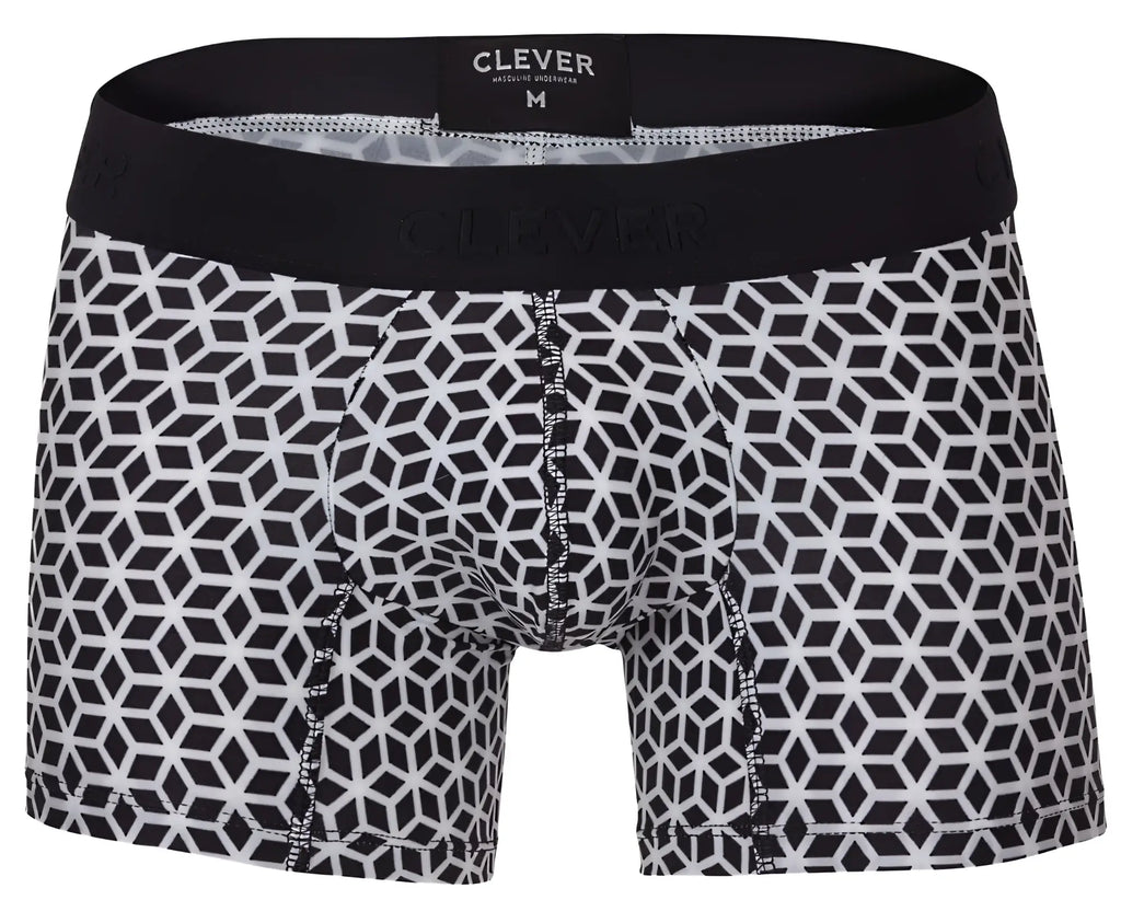 Clever 1854 cuadricula trunks in white feature black and white geometric pattern and black elastic waistband with clever label