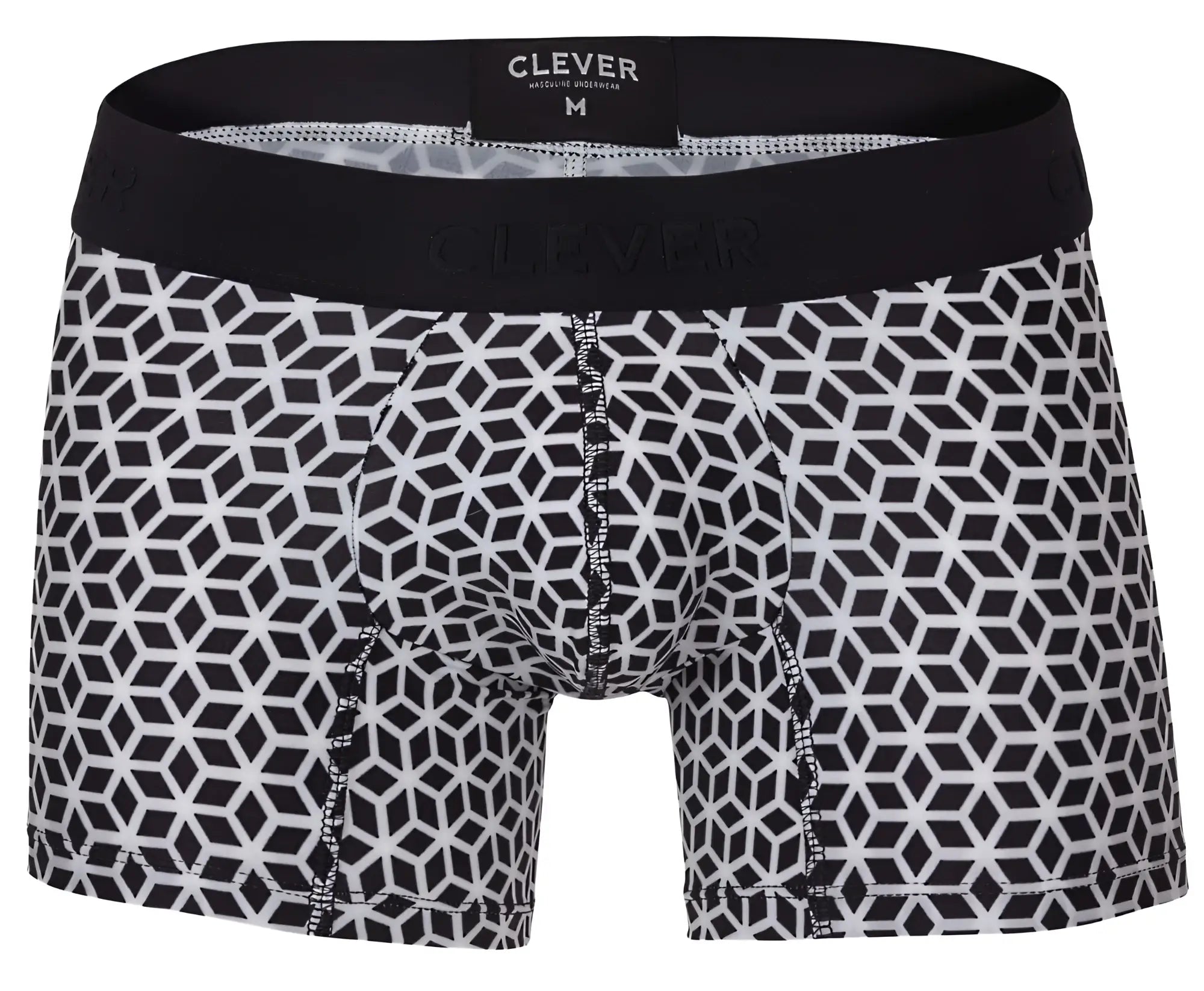 Clever 1854 cuadricula trunks in white feature black and white geometric pattern and black elastic waistband with clever label