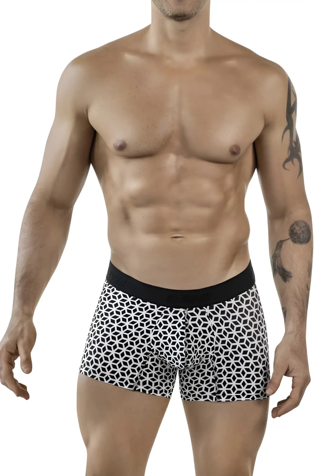 Black and white geometric patterned Clever 1854 Cuadricula trunks with a solid black waistband and comfortable fit
