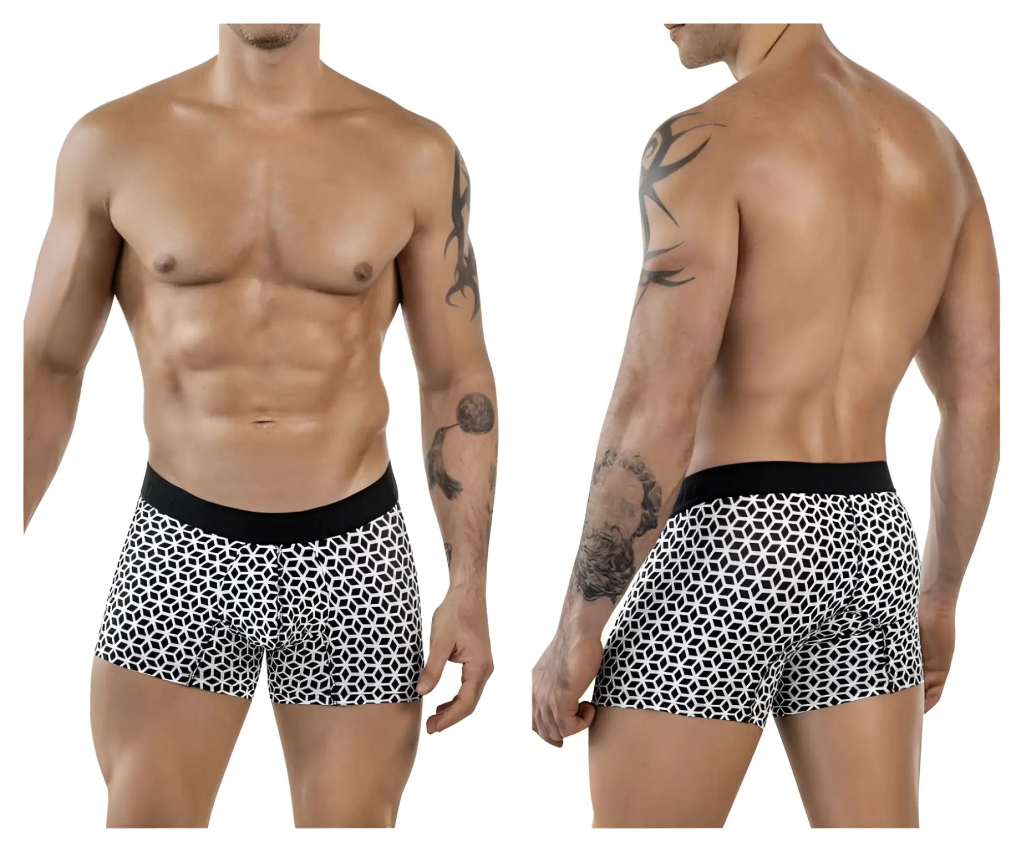 Clever 1854 cuadricula trunks in white with black and white geometric pattern and solid black waistband boxer briefs