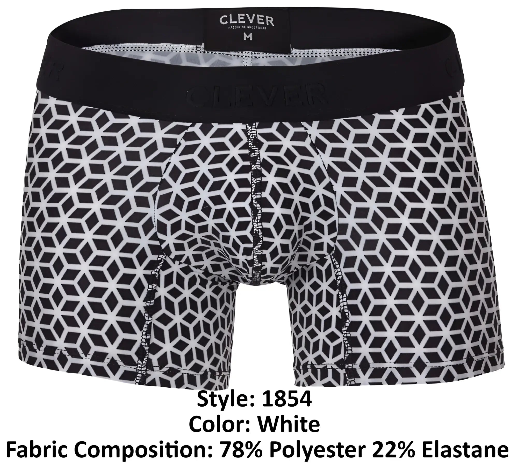 White boxer briefs with black geometric pattern and black elastic waistband by clever 1854 cuadricula trunks
