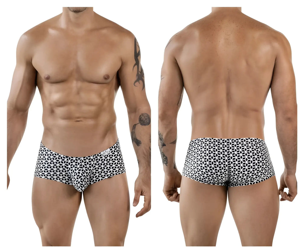 Men’s Clem 1856 Cuadricula trunks in white with black and white geometric pattern cotton briefs front view
