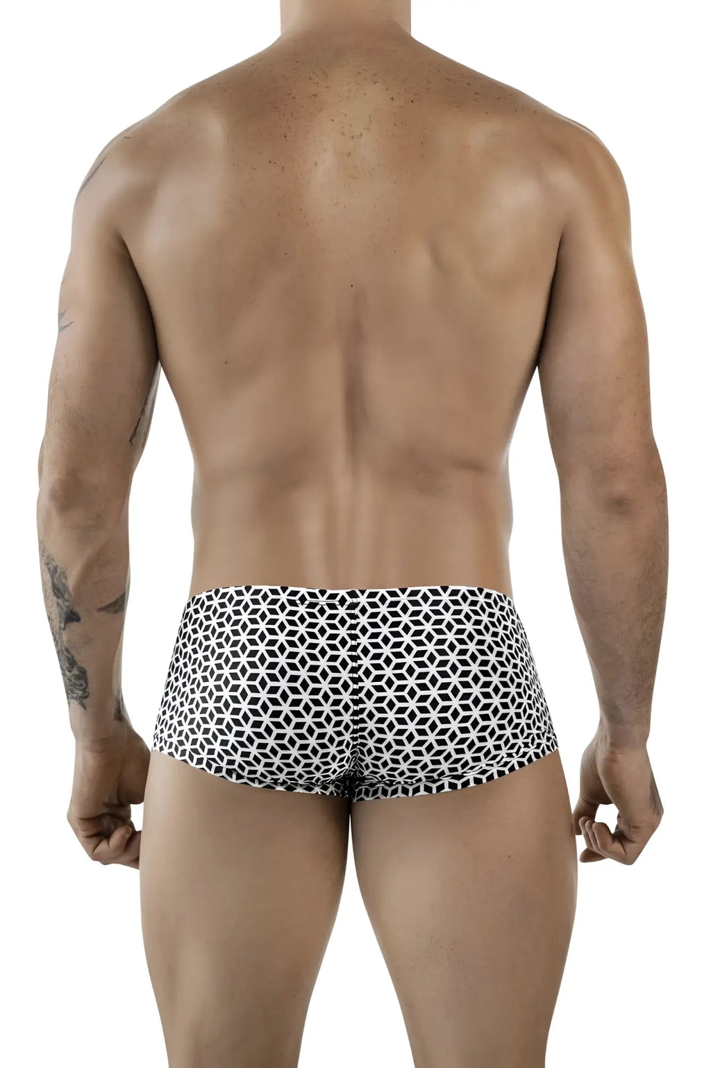 Black and white geometric-patterned clever 1856 cuadricula men’s swim trunks in white for beach and pool use