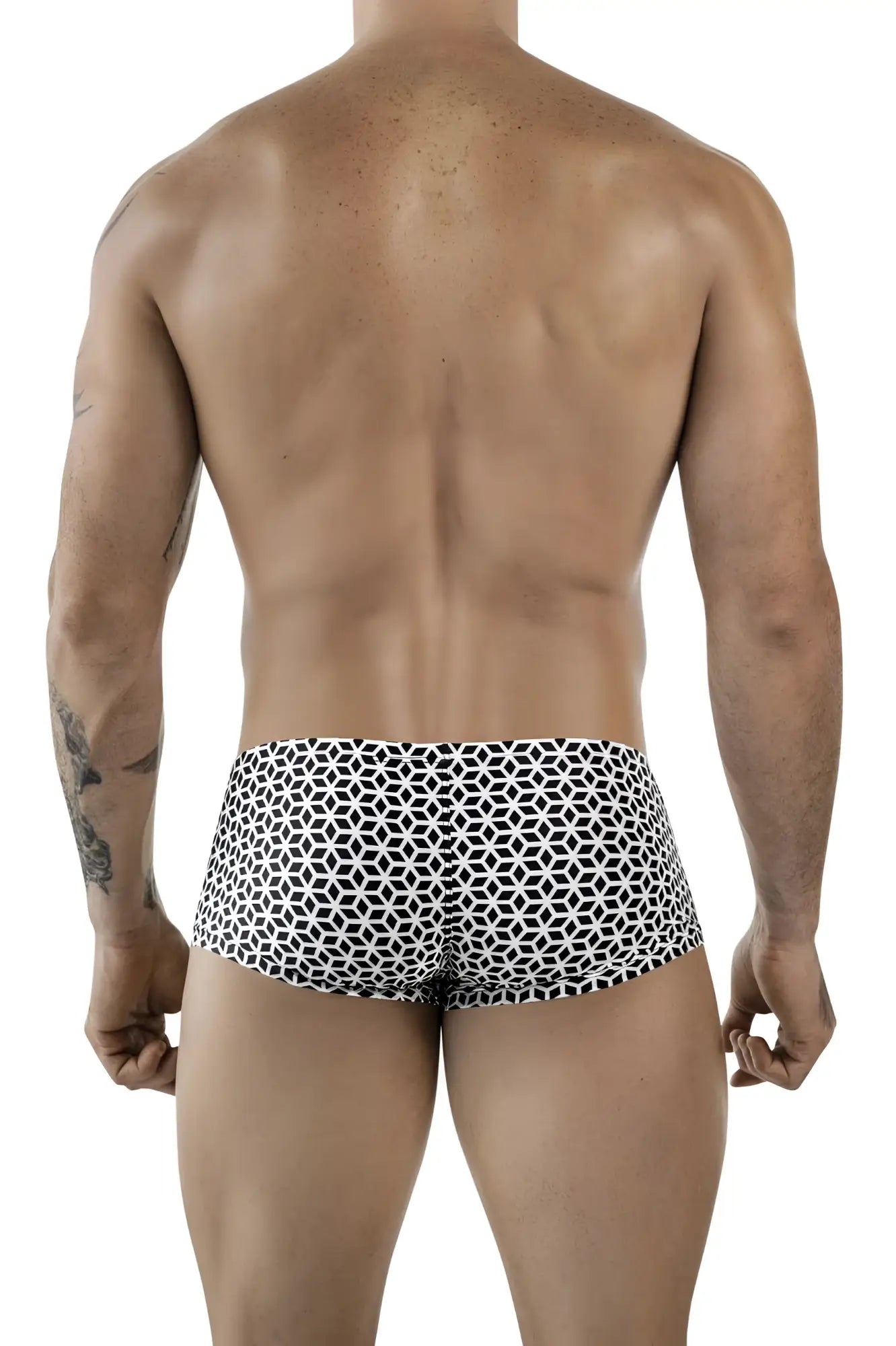 Black and white geometric-patterned clever 1856 cuadricula men’s swim trunks in white for beach and pool use