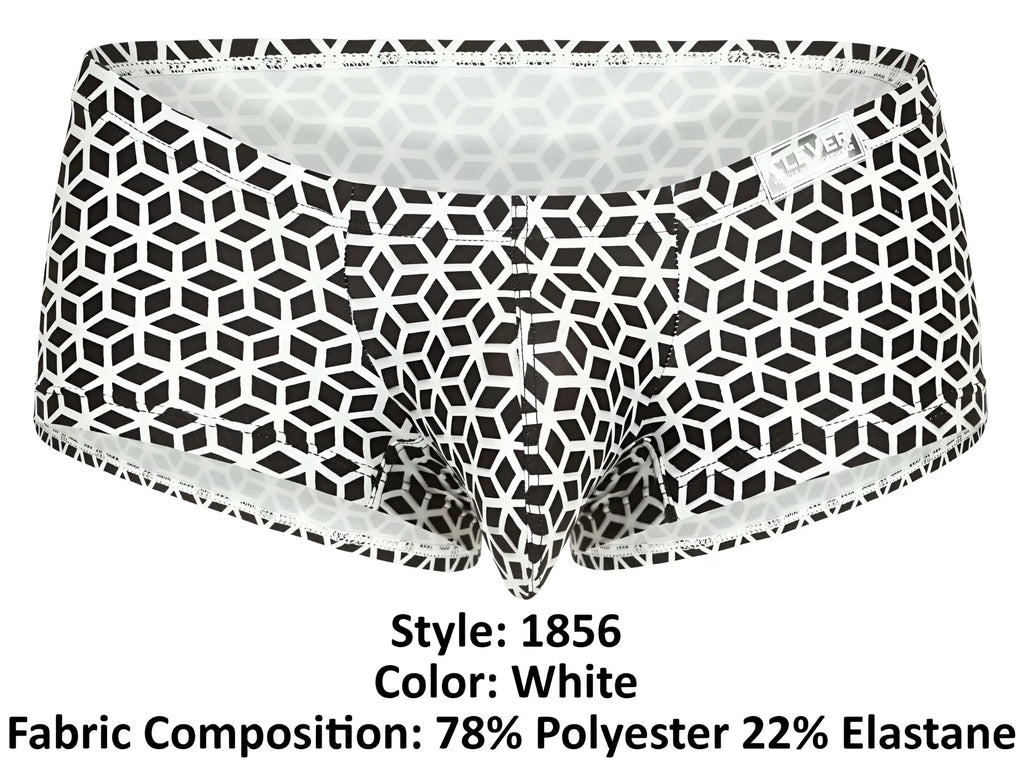White briefs with a bold black geometric interlocking cube pattern from clever 1856 cuadricula trunks in white